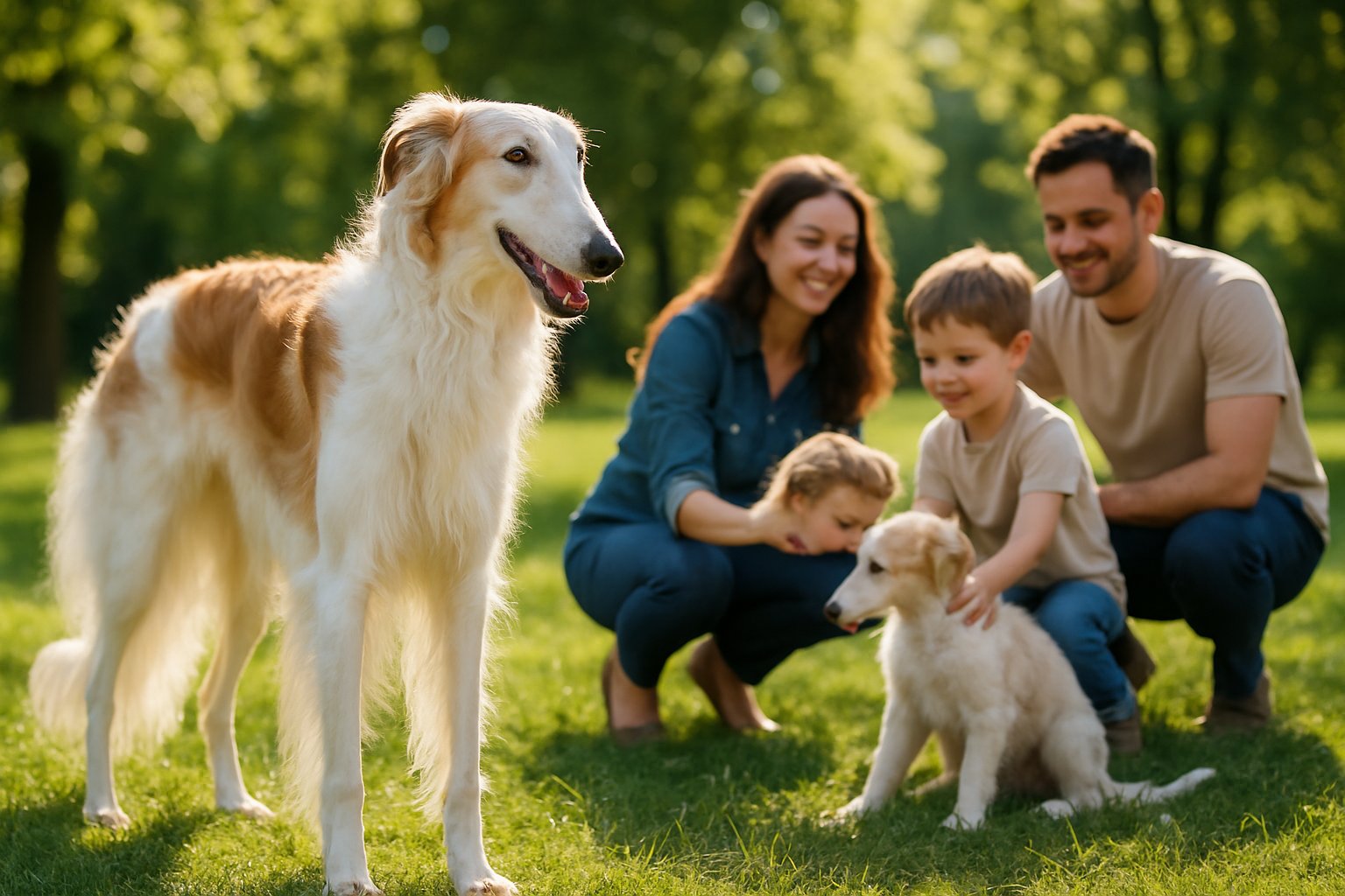 A Borzoi dog standing in a green park with a family playing with a Borzoi puppy in the background.