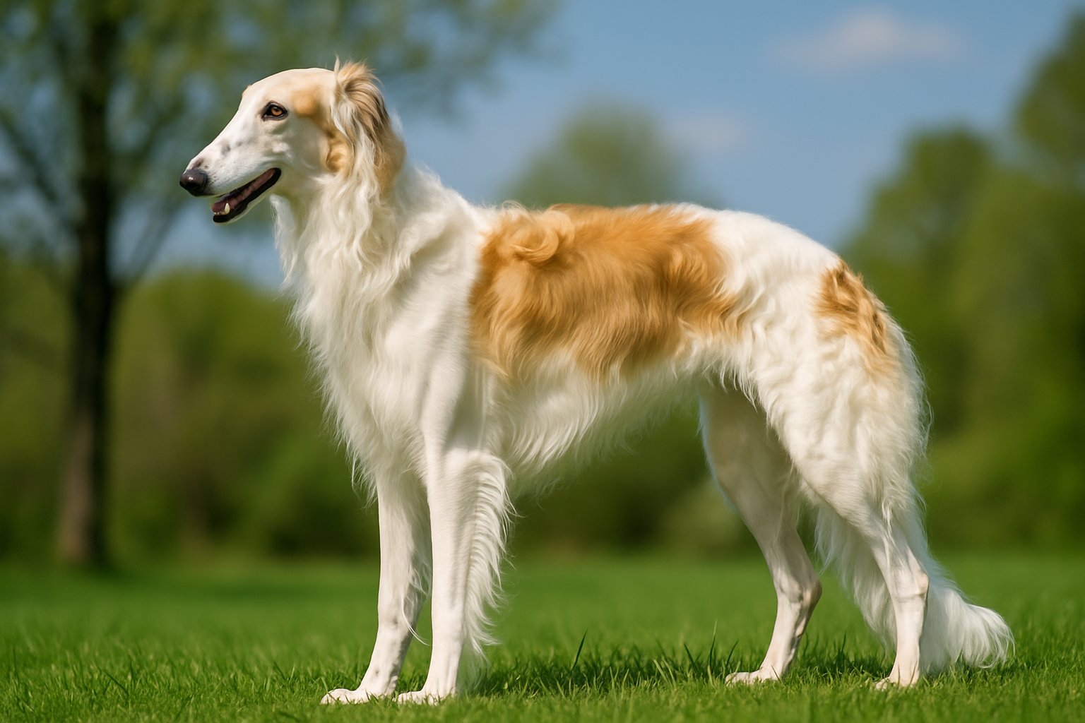 A Borzoi dog standing on green grass outdoors with trees and blue sky in the background.