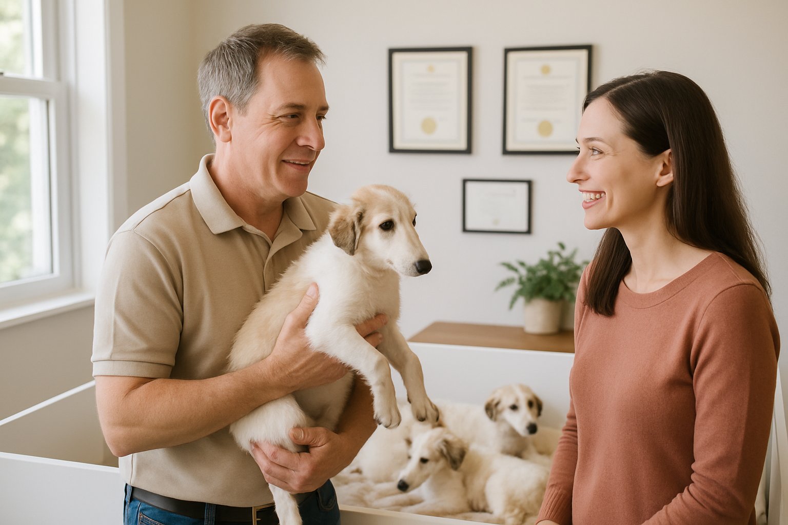 A person talking with a breeder who is holding a Borzoi puppy in a bright, clean room with puppies resting nearby.