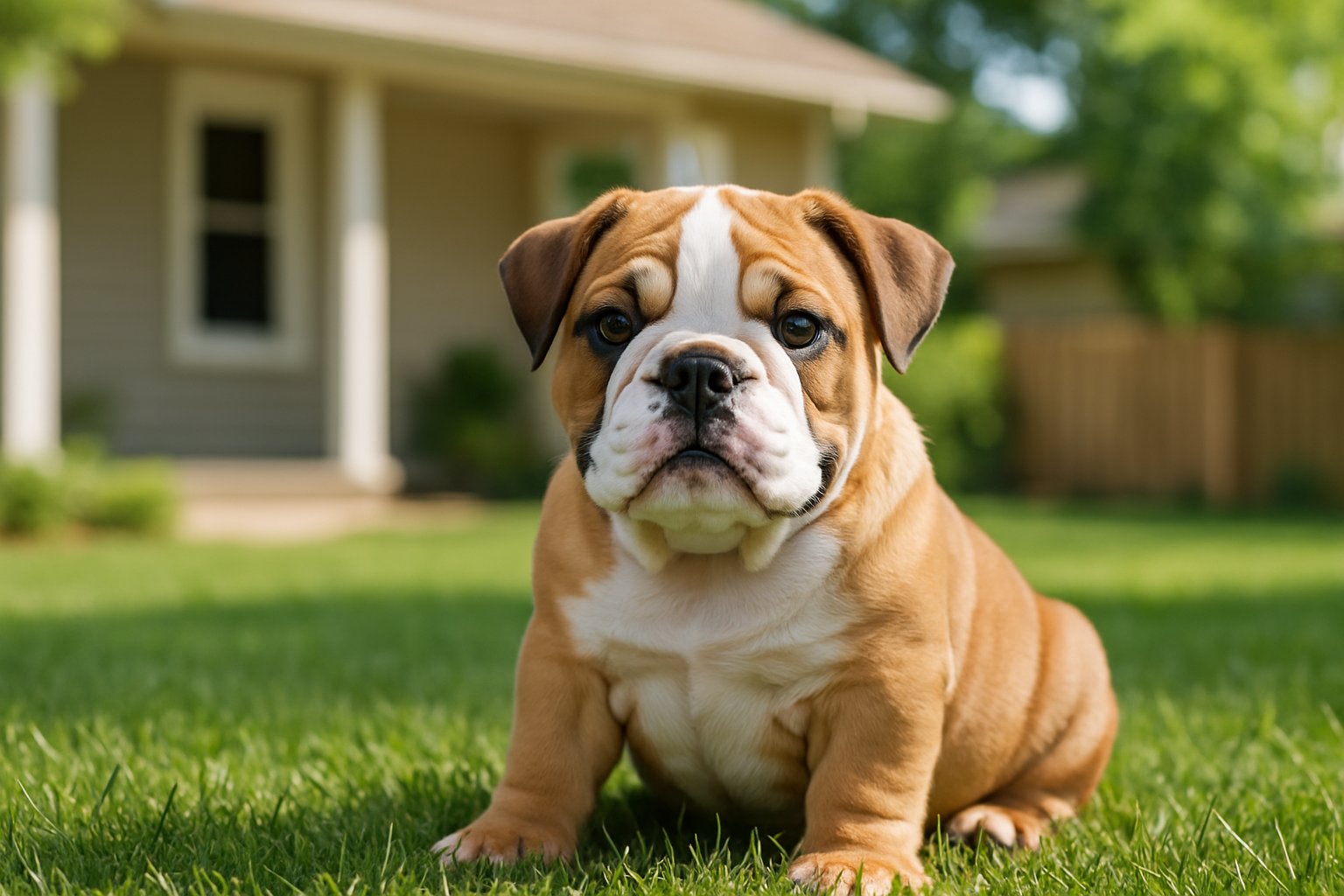 A healthy English Bulldog puppy sitting on grass in front of a house with a clean kennel area in the background.