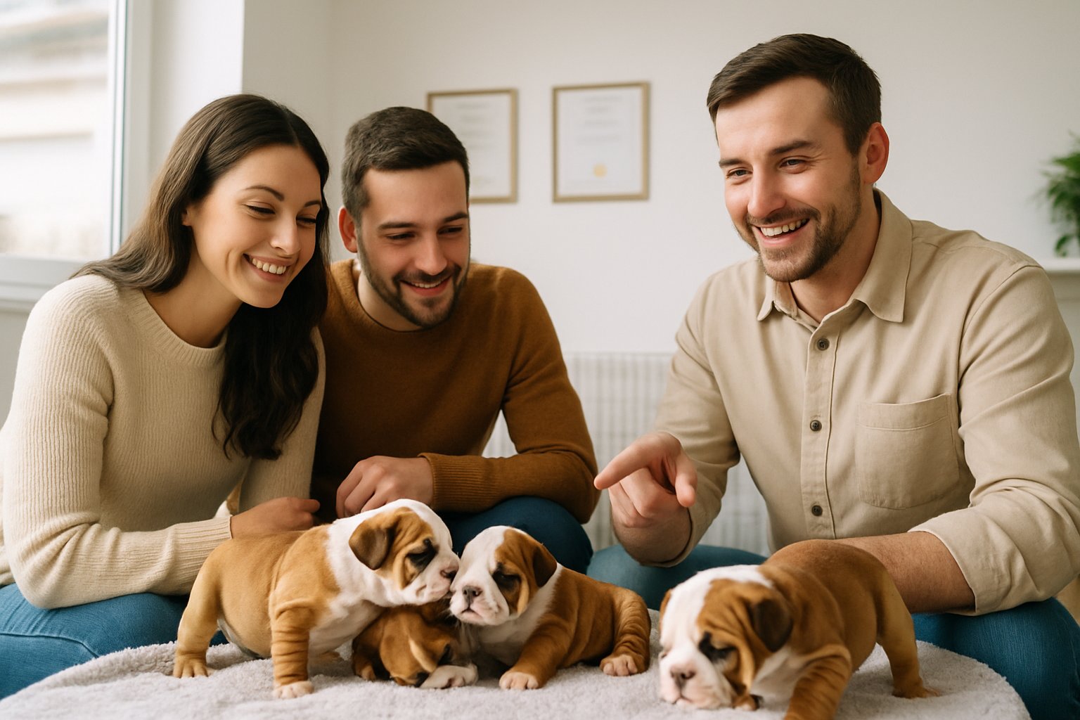 A couple meeting a dog breeder in a bright room with healthy bulldog puppies playing on a blanket.