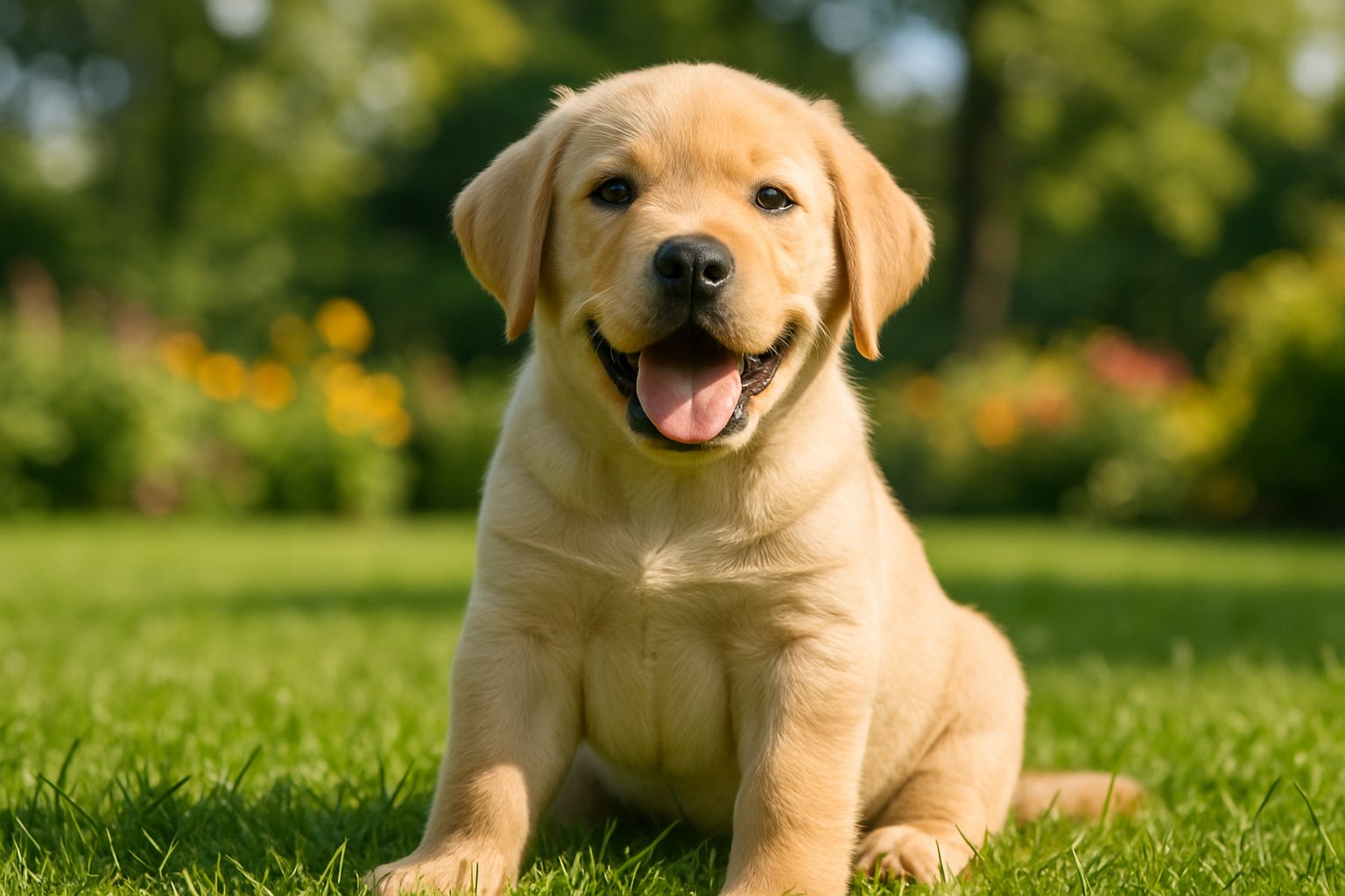 A golden Labrador Retriever puppy sitting on green grass with flowers and trees in the background.