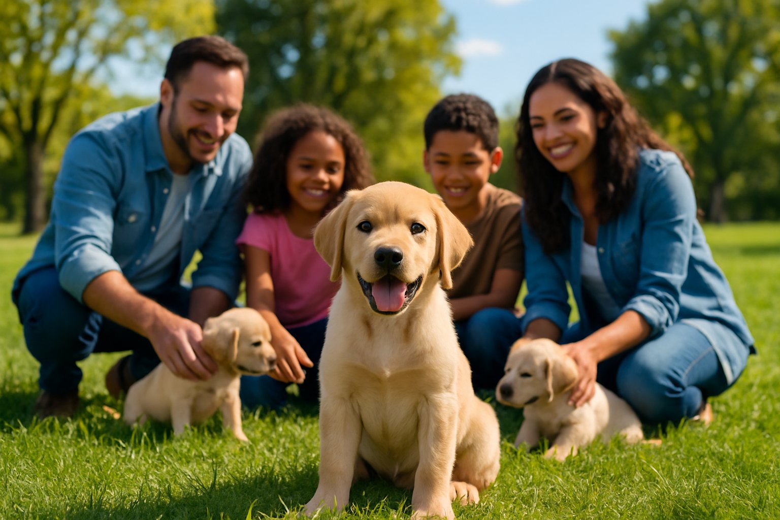 A golden Labrador Retriever puppy sitting on green grass with a family playing with puppies in the background.