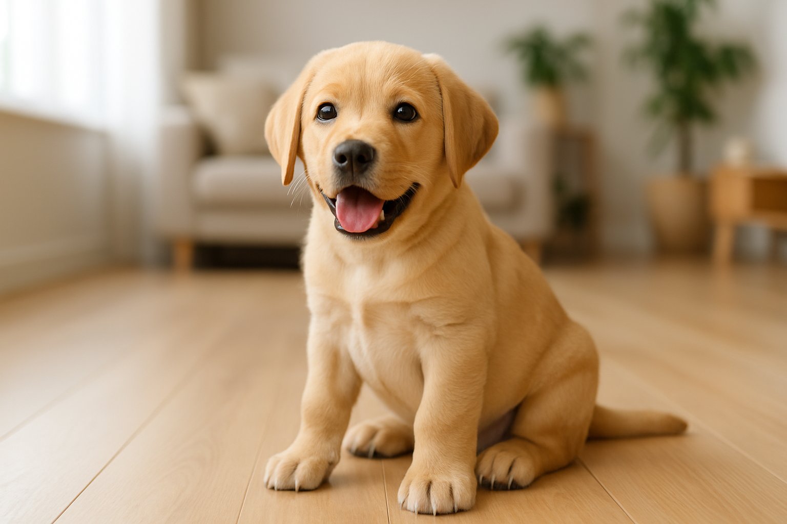 A golden Labrador Retriever puppy sitting on a wooden floor inside a cozy living room with natural light.