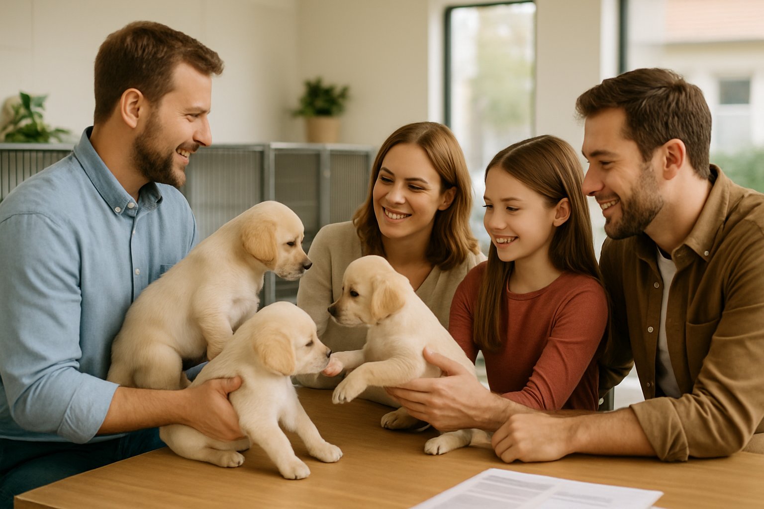 A family happily interacting with Labrador Retriever puppies indoors while a responsible adult shows the puppies in a clean, cozy environment.