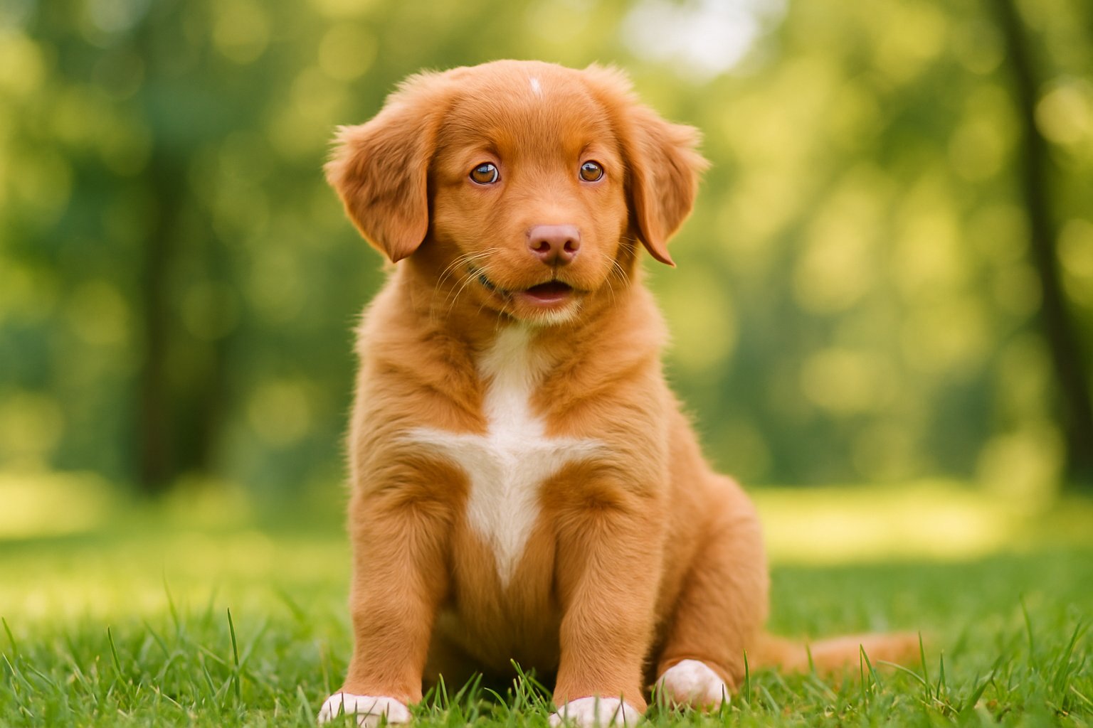 A Nova Scotia Duck Tolling Retriever puppy sitting on green grass outdoors with trees in the background.