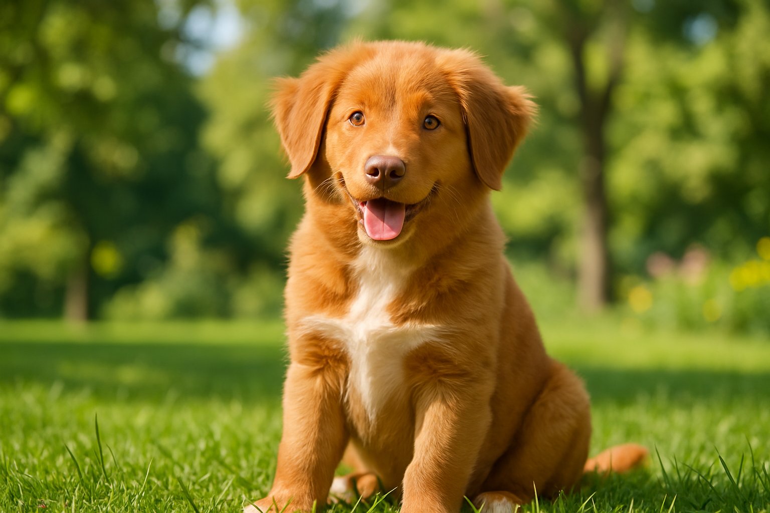 A Nova Scotia Duck Tolling Retriever puppy sitting on green grass outdoors with trees in the background.
