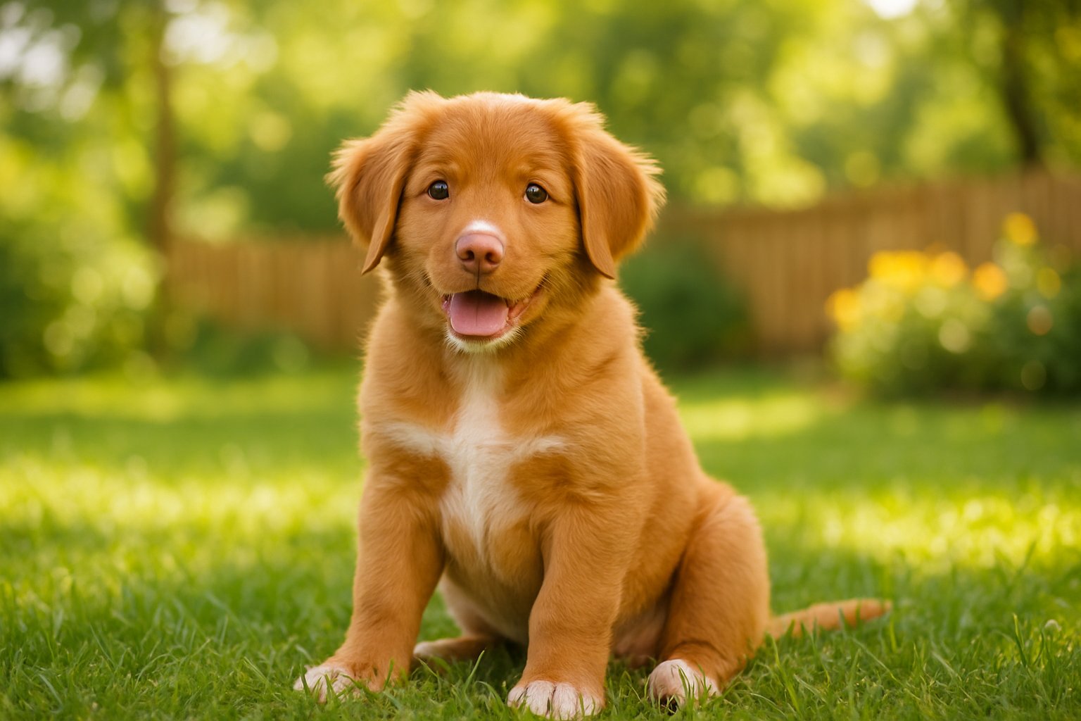 A Nova Scotia Duck Tolling Retriever puppy sitting on green grass outdoors with trees and flowers in the background.
