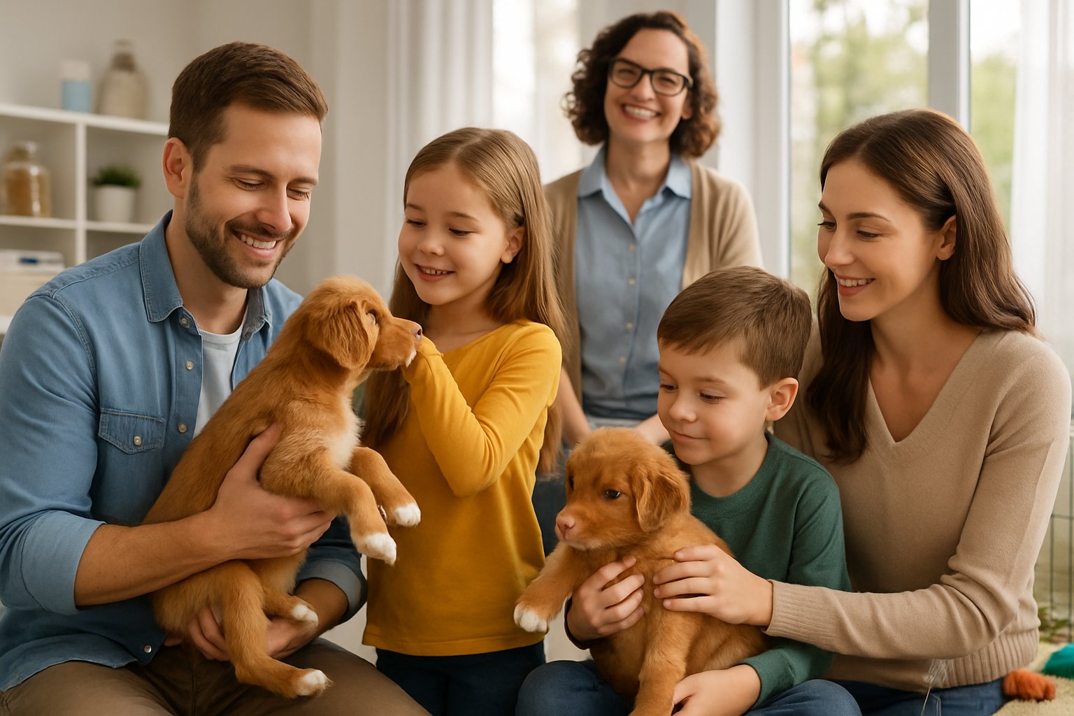 A family happily interacting with Nova Scotia Duck Tolling Retriever puppies indoors while a breeder provides guidance.
