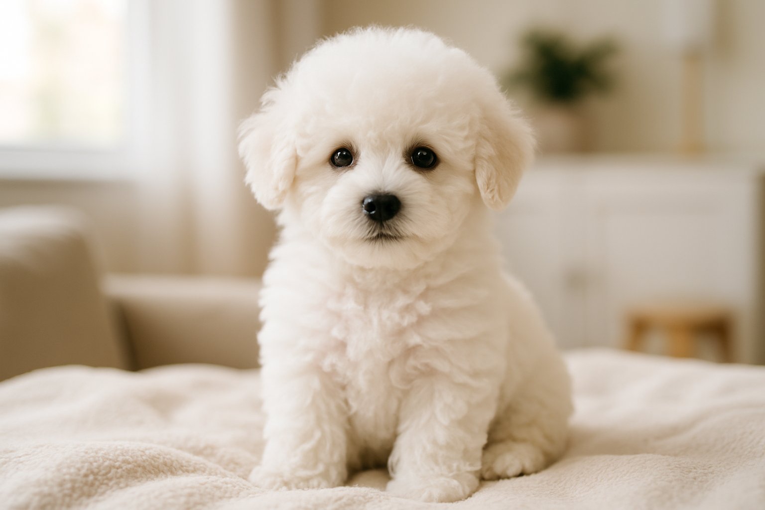 A fluffy white Bichon Frise puppy sitting on a soft blanket indoors, looking at the camera.
