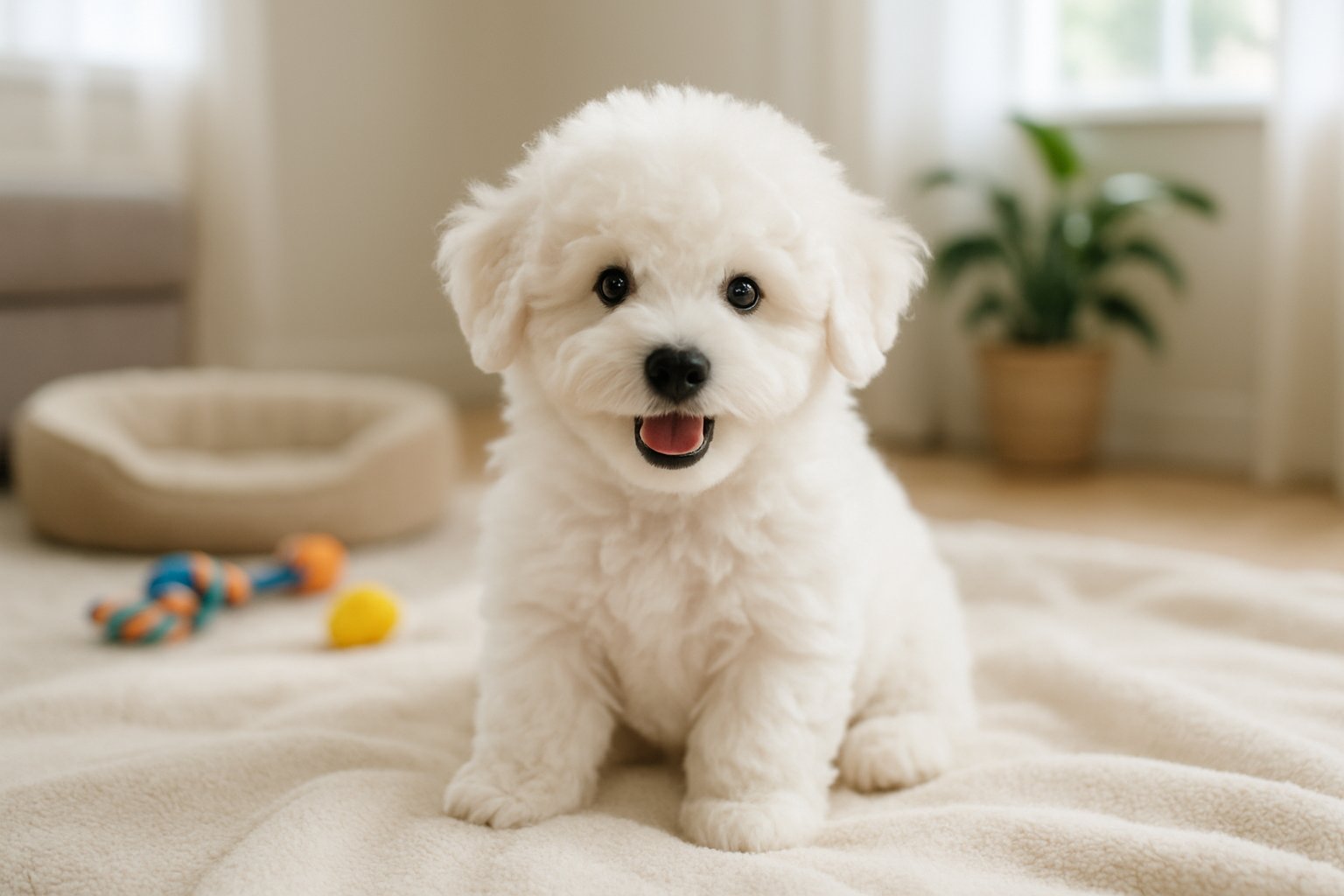A fluffy white Bichon Frise puppy sitting on a blanket in a cozy living room with toys and a plant nearby.
