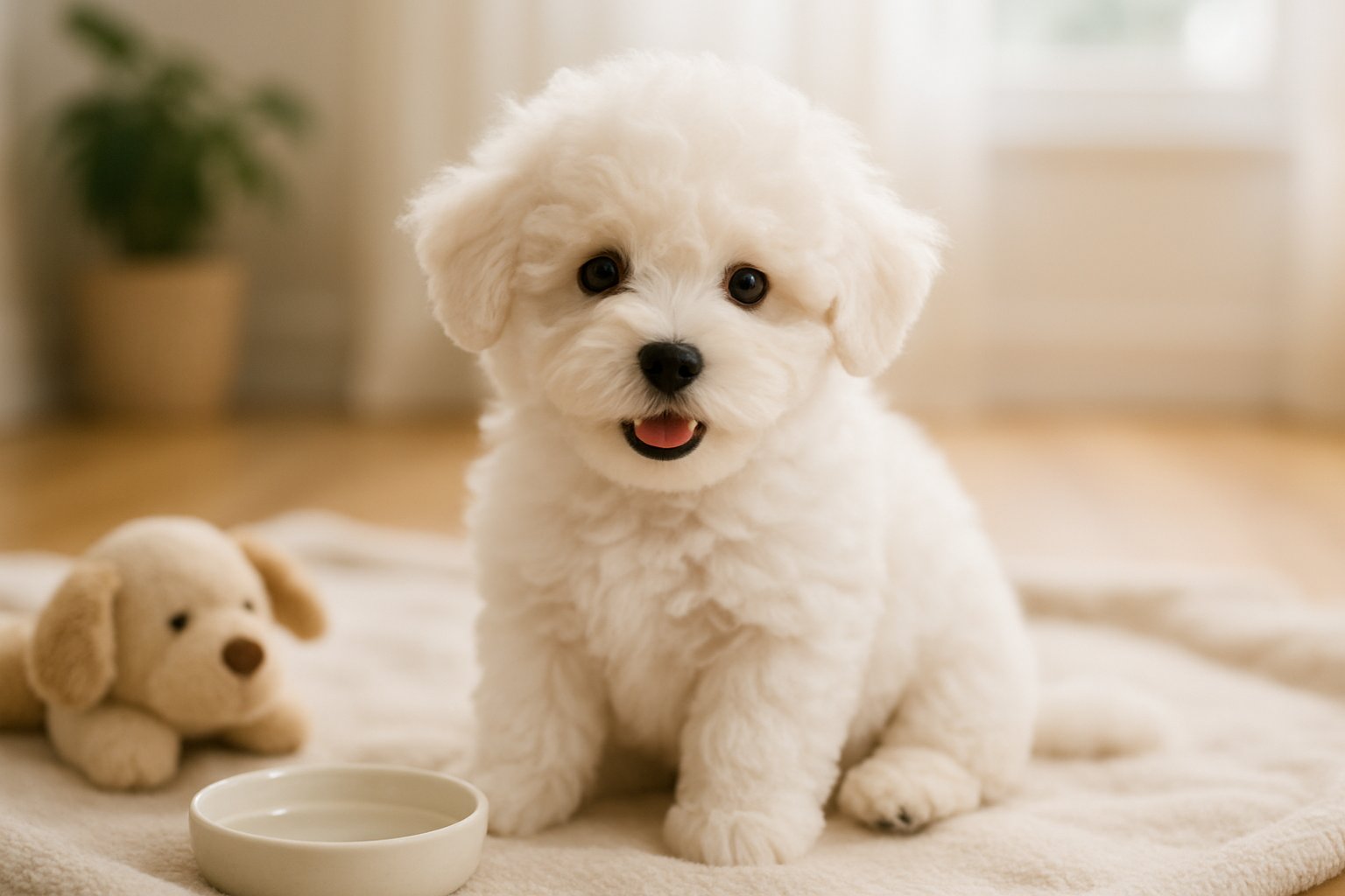 A fluffy white Bichon Frise puppy sitting on a blanket in a bright, cozy room with a dog toy and water bowl nearby.