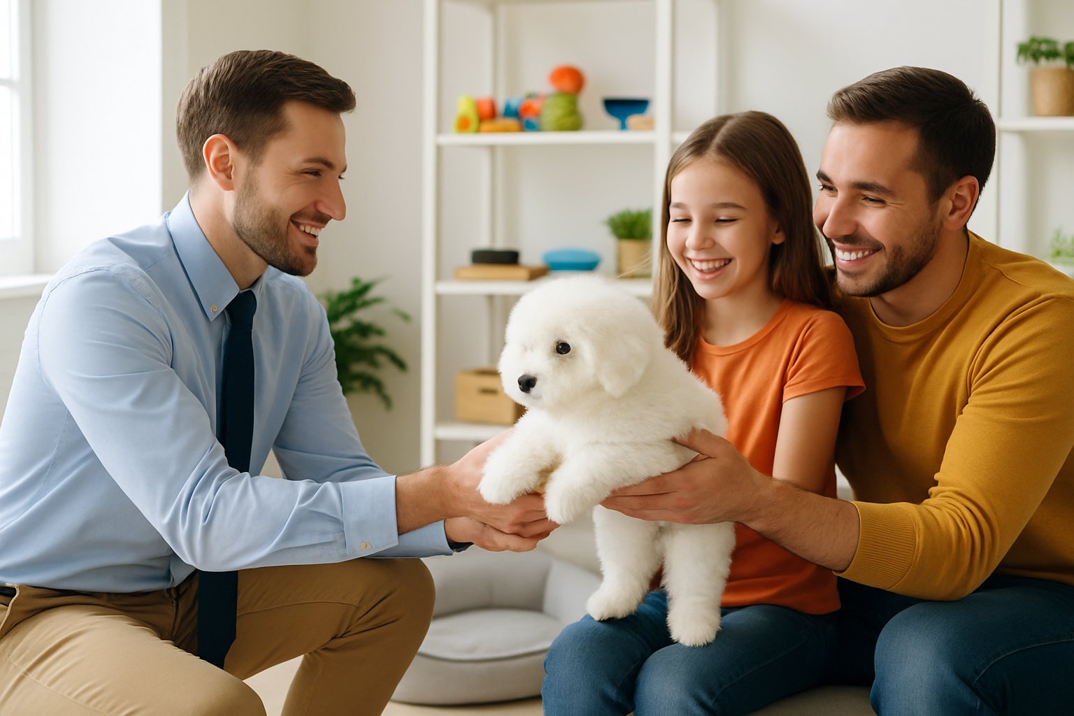 A family happily receiving a white Bichon Frise puppy from a professional breeder in a bright, clean room with pet supplies.