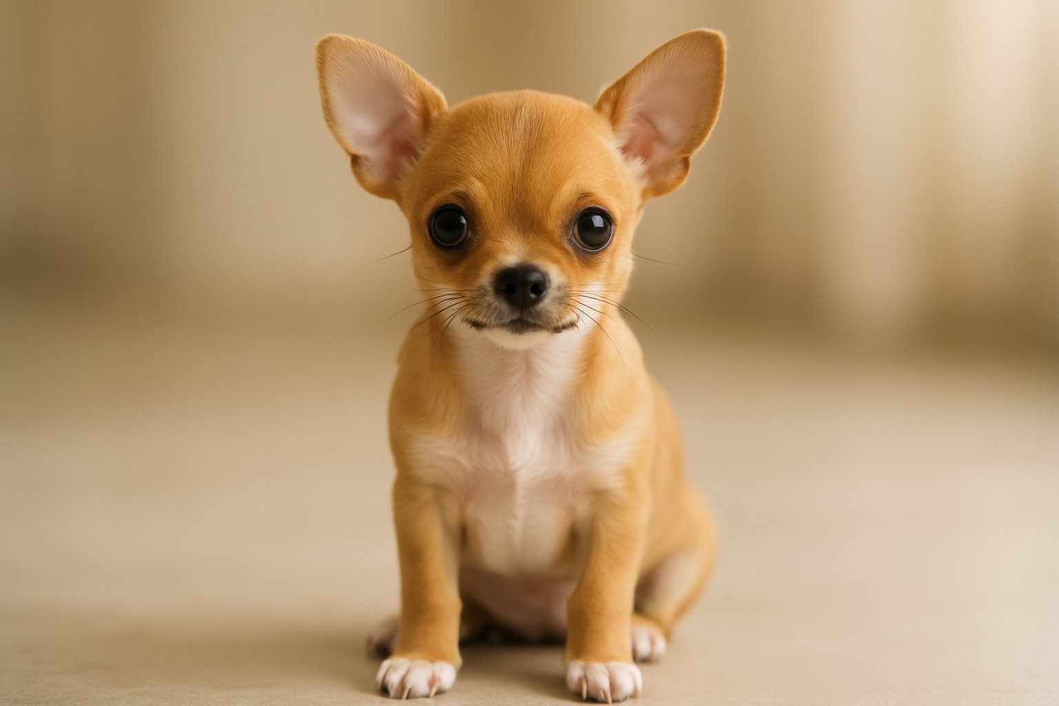 A small Chihuahua puppy sitting and looking forward with large eyes and perky ears on a neutral background.
