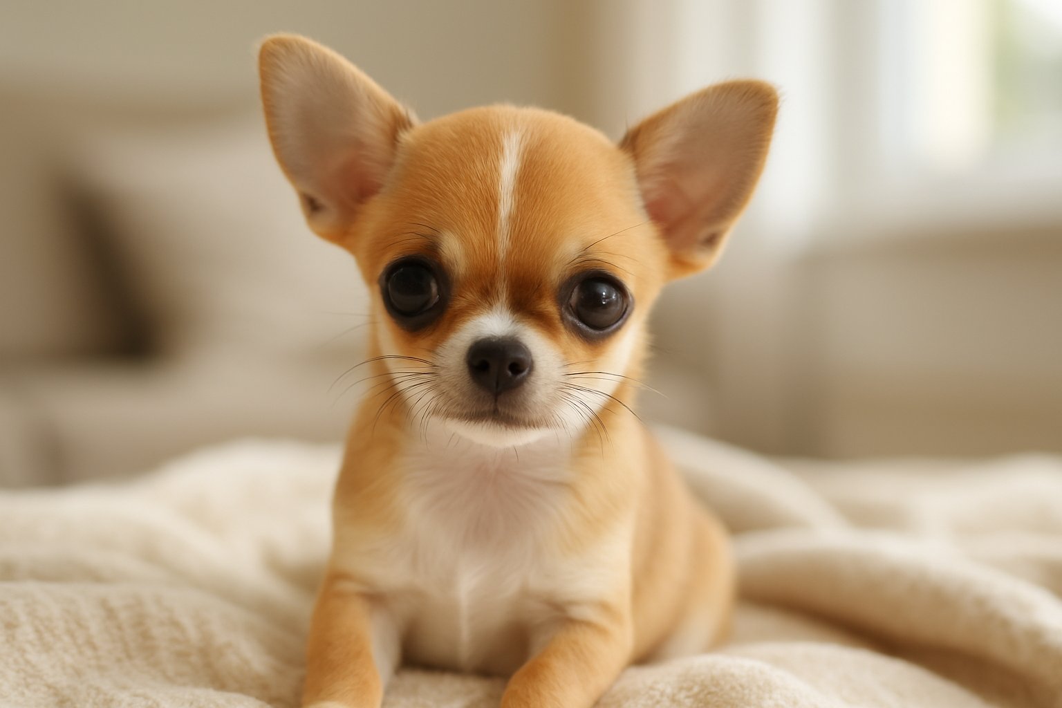 A small Chihuahua puppy sitting on a soft blanket indoors, looking directly at the camera with a curious expression.