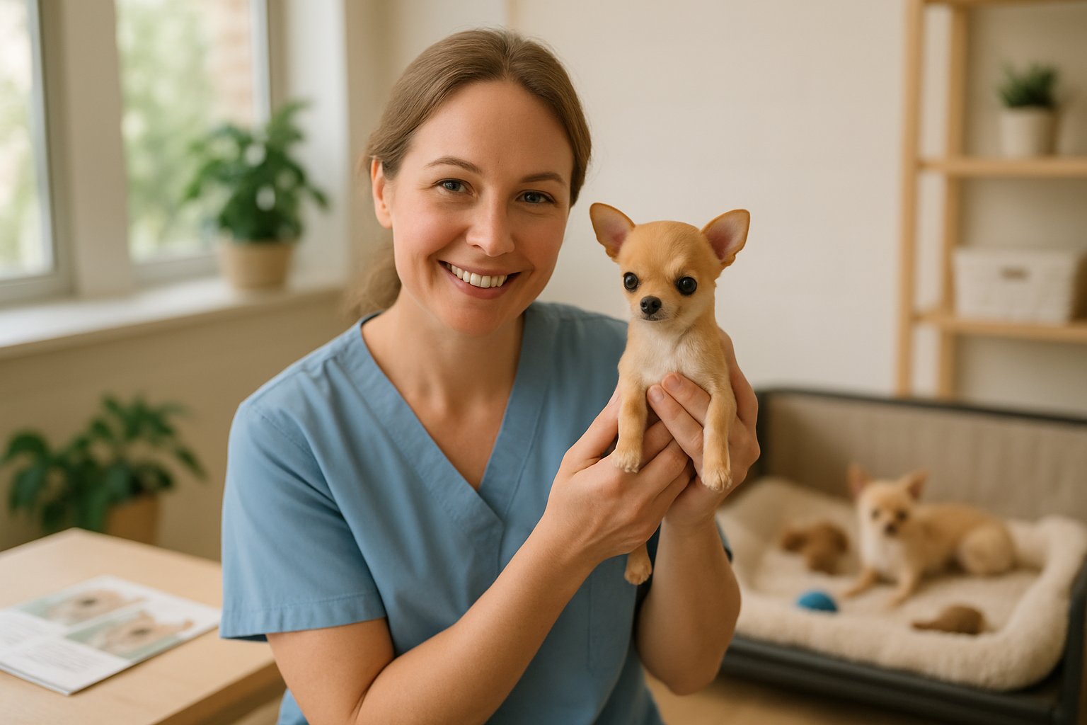 A person holding a small Chihuahua puppy in a clean, well-lit room with puppy bedding and toys visible in the background.