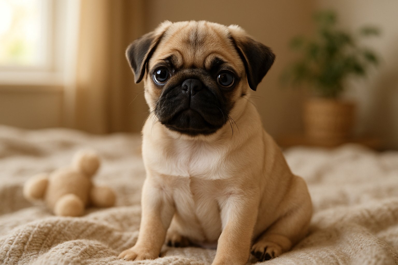 A young pug puppy sitting on a soft blanket in a cozy indoor setting with warm natural light.