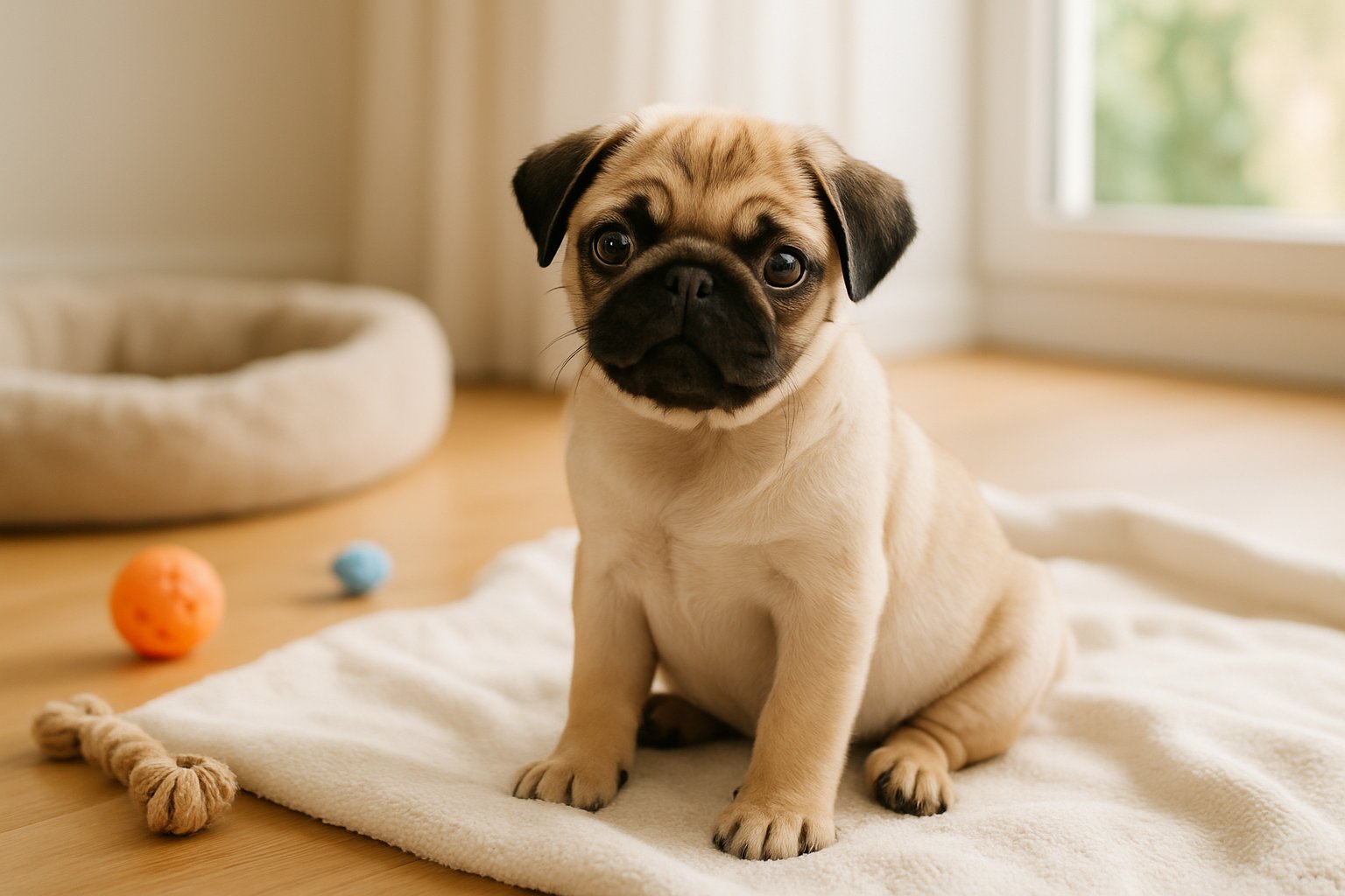 A small pug puppy sitting on a soft blanket indoors with pet toys and a dog bed nearby.