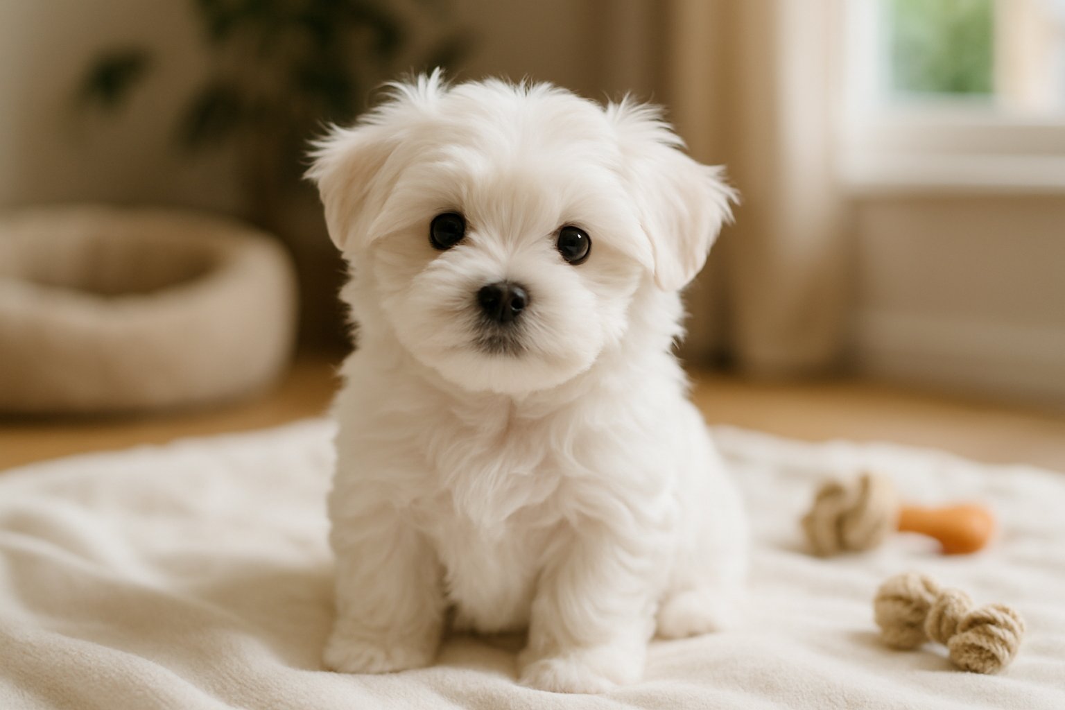 A fluffy white Maltese puppy sitting on a soft blanket indoors with dog toys and a dog bed nearby.