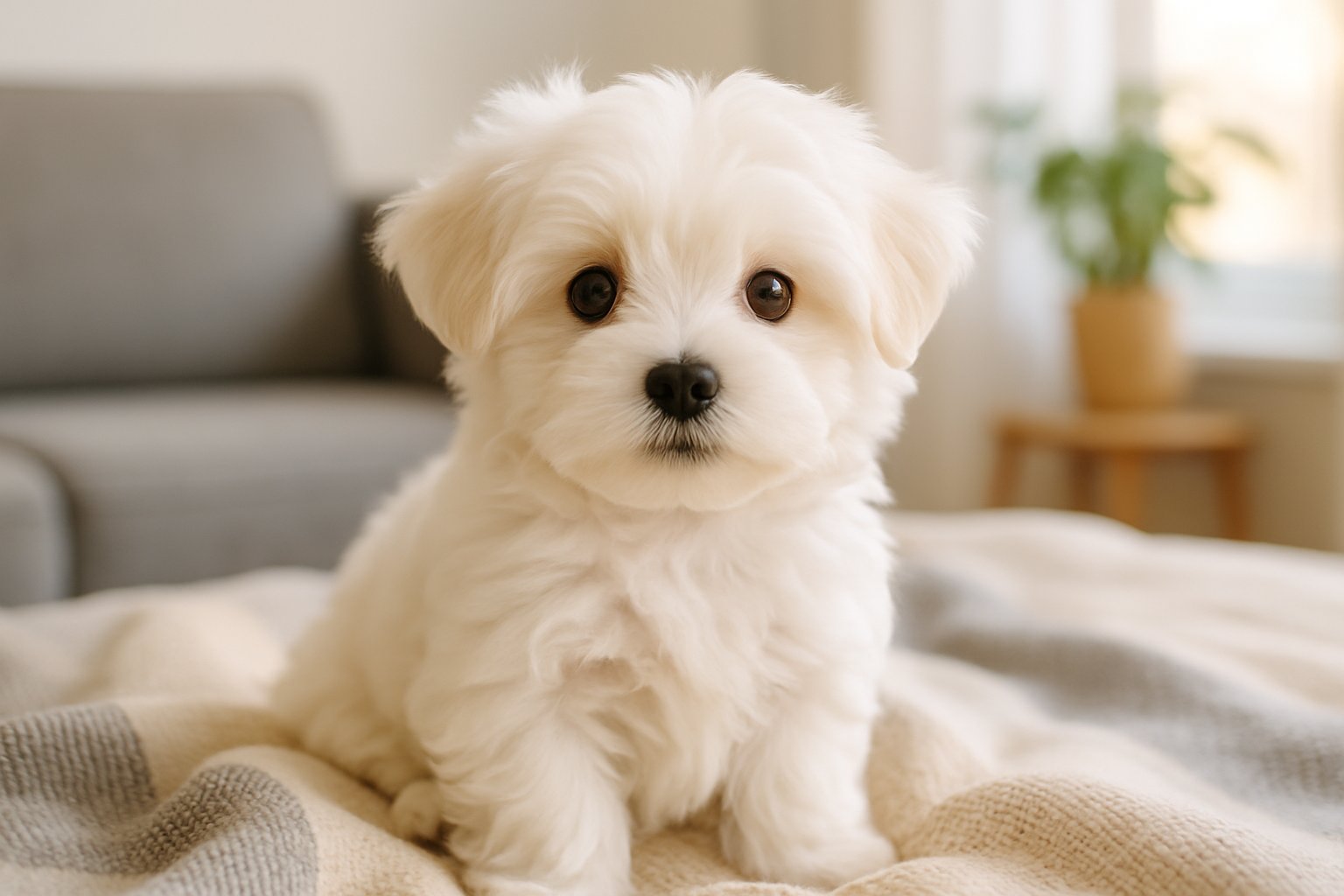 A small white Maltese puppy sitting on a blanket in a bright room with a sofa and a plant in the background.