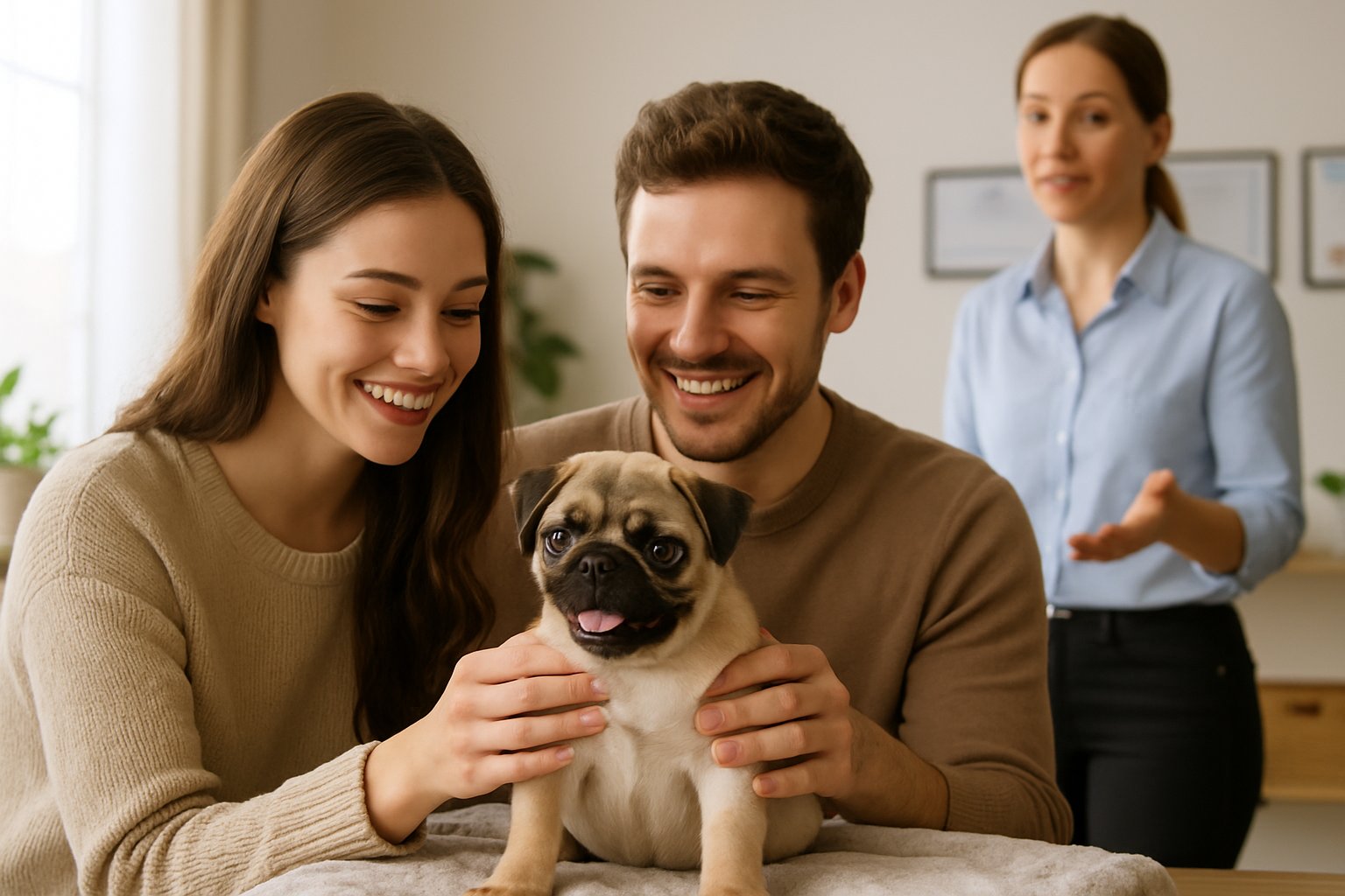 A couple happily holding a healthy pug puppy indoors while a breeder explains details in a clean, well-lit room.