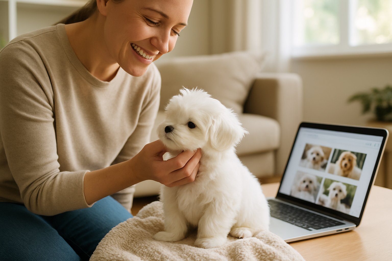A person smiling and gently holding a small white Maltese puppy in a bright, cozy room with a laptop nearby showing puppy images.