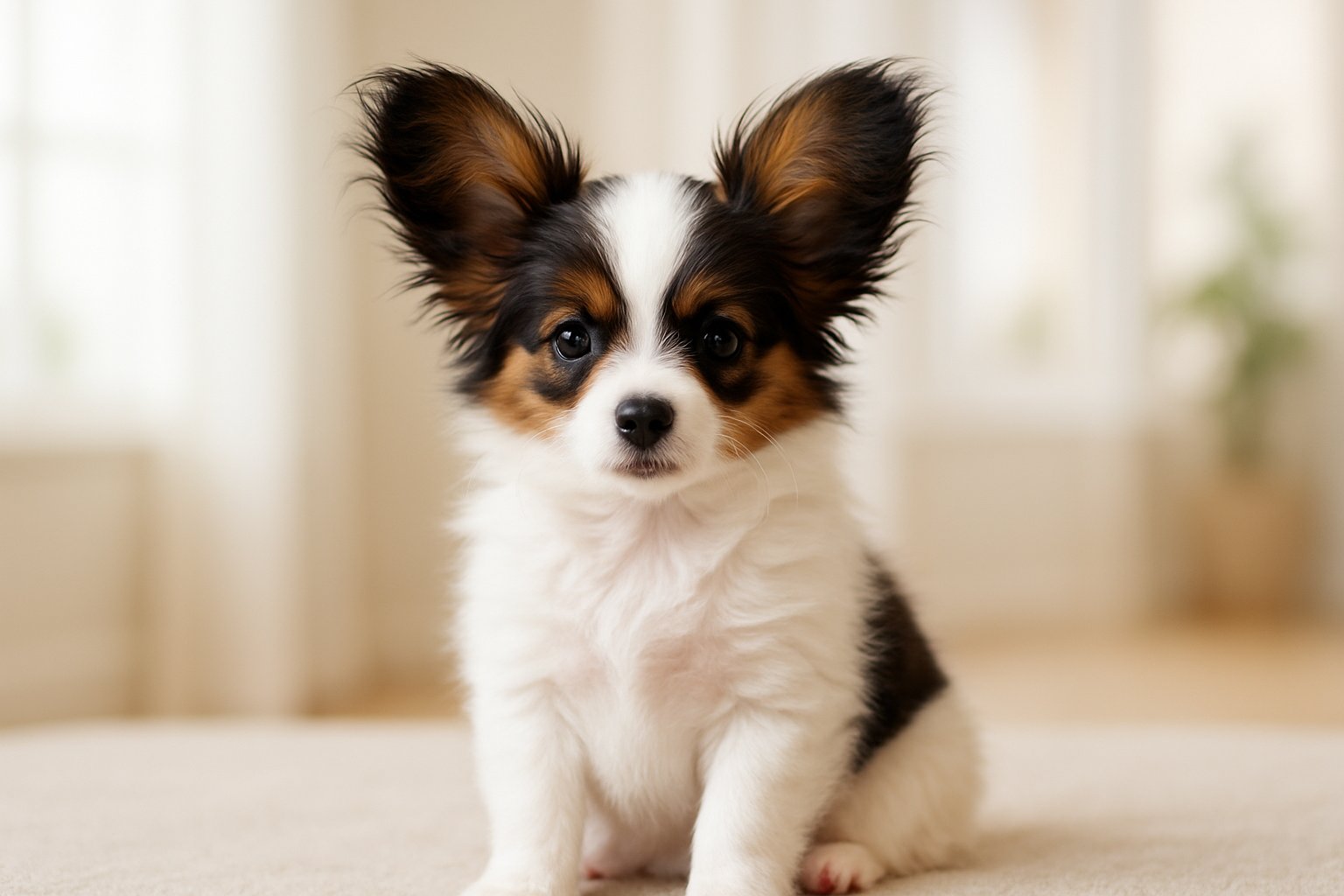 A Papillon puppy sitting attentively on a soft surface with a blurred indoor background.