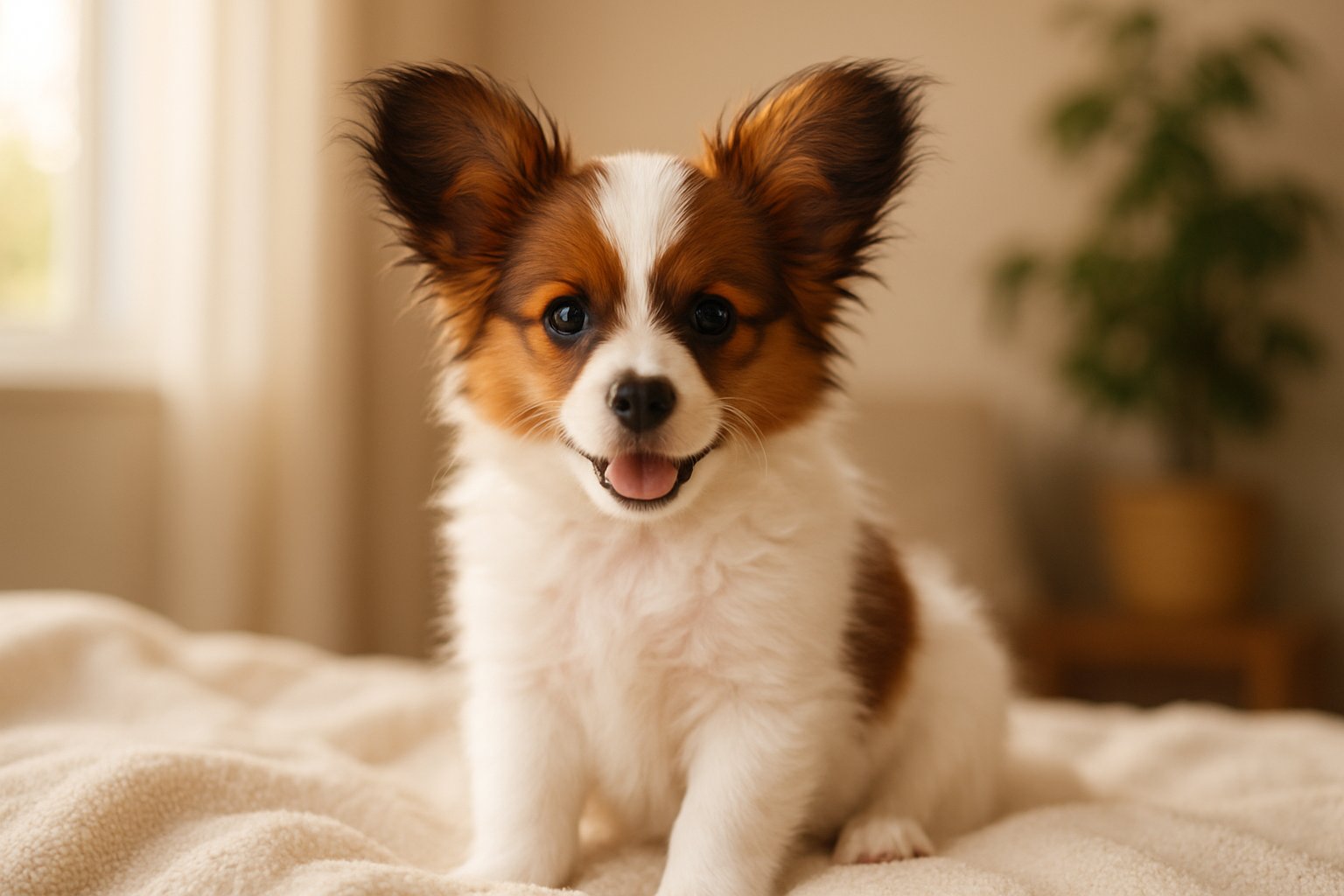 A Papillon puppy sitting on a blanket indoors with sunlight coming through a window and a blurred background.