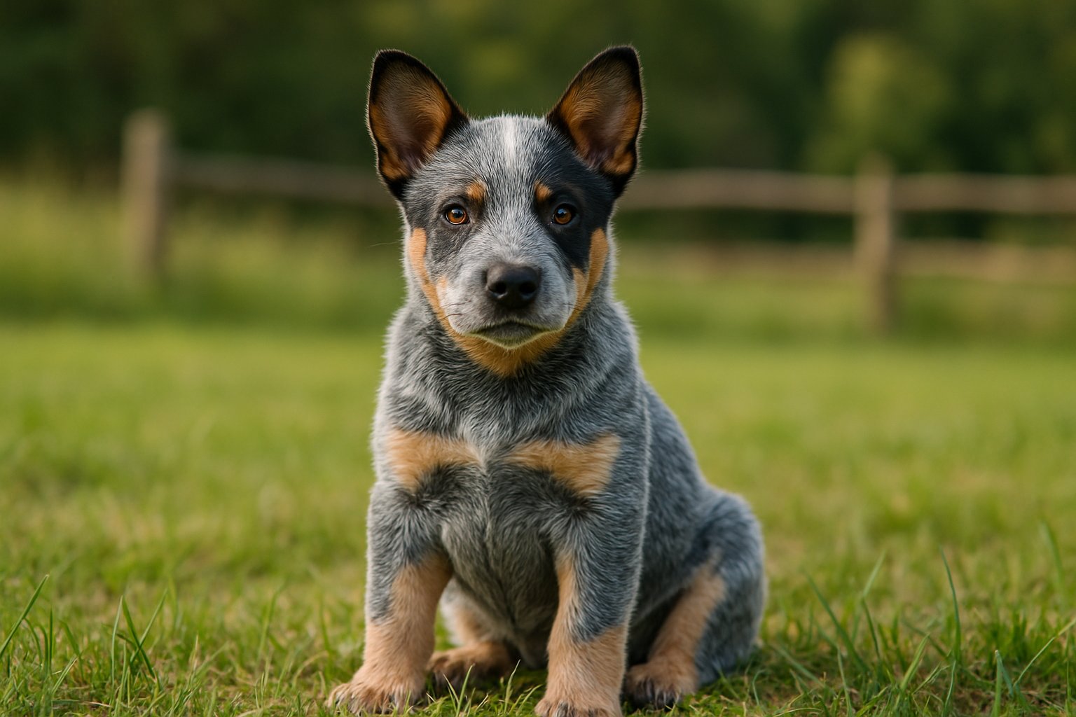 An Australian Cattle Dog puppy sitting on grass in a rural outdoor setting with a wooden fence in the background.