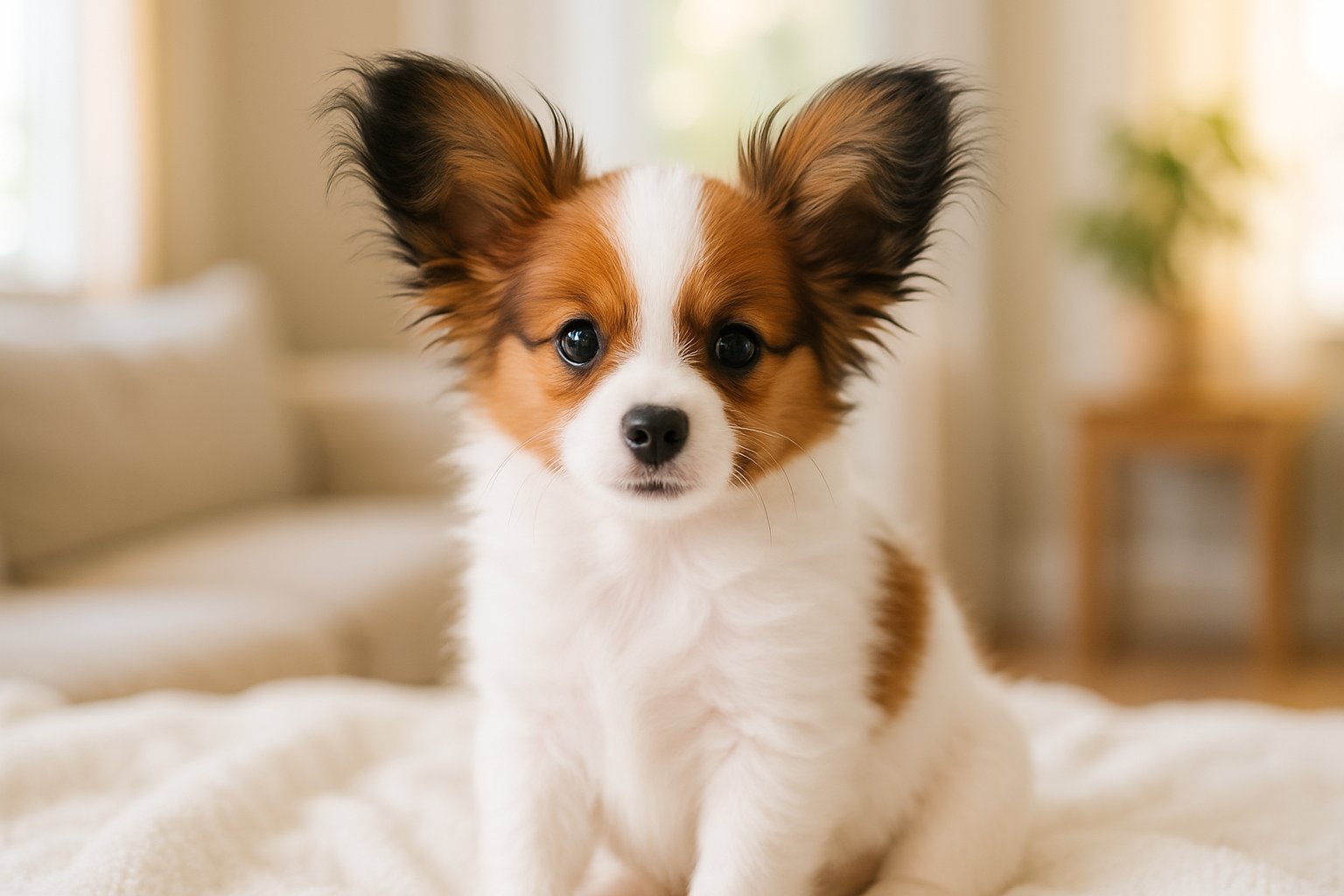 A small Papillon puppy with large ears sitting on a white blanket in a bright room with natural sunlight.