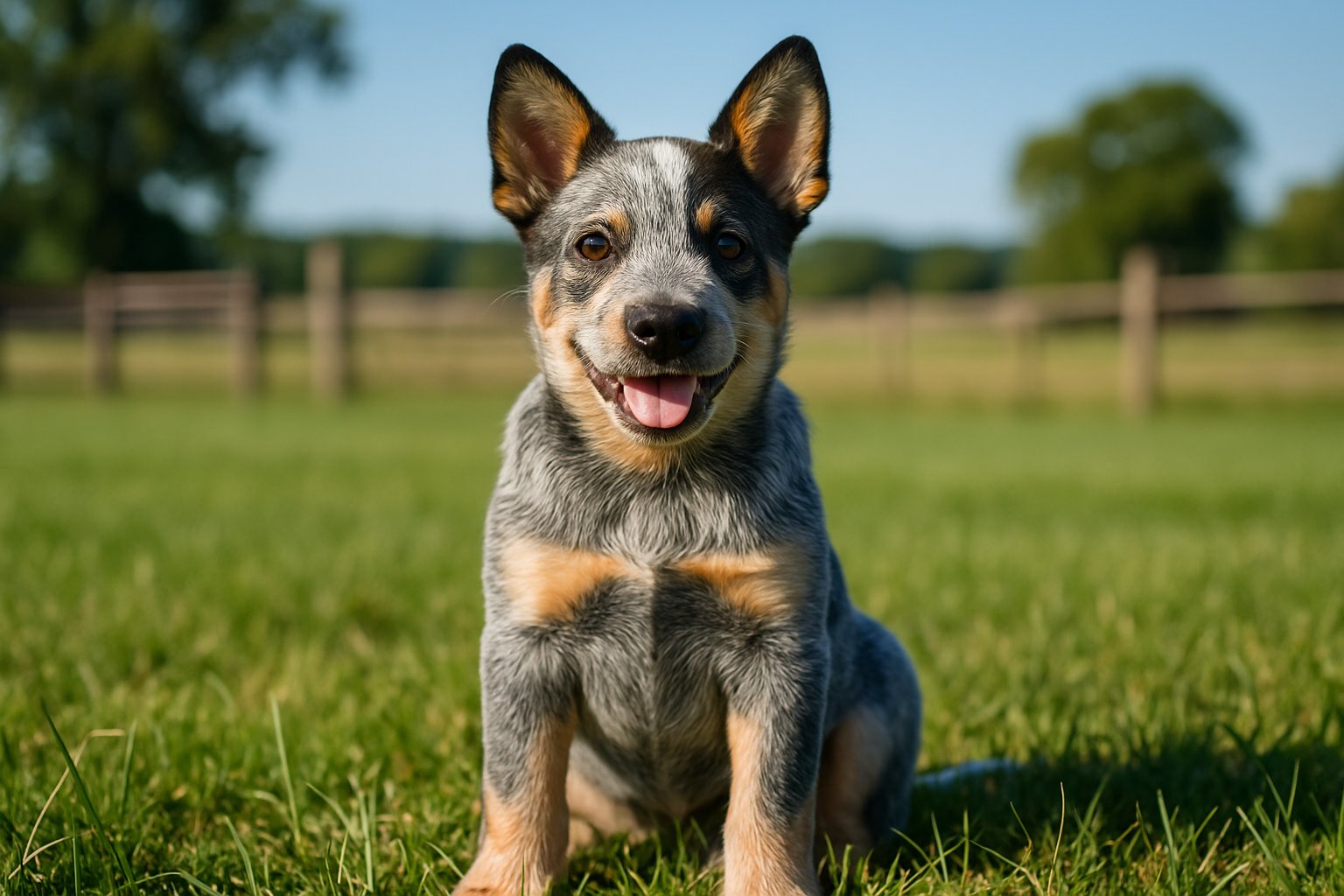An Australian Cattle Dog puppy sitting on green grass with a farm and blue sky in the background.