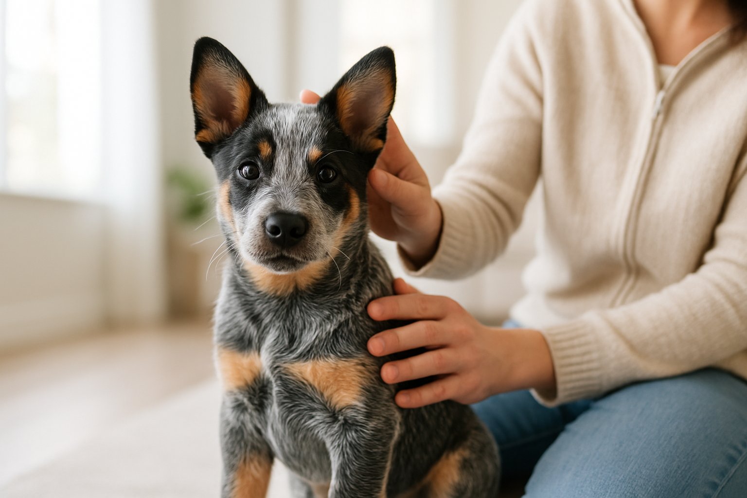An Australian Cattle Dog puppy sitting indoors with a person gently petting it.