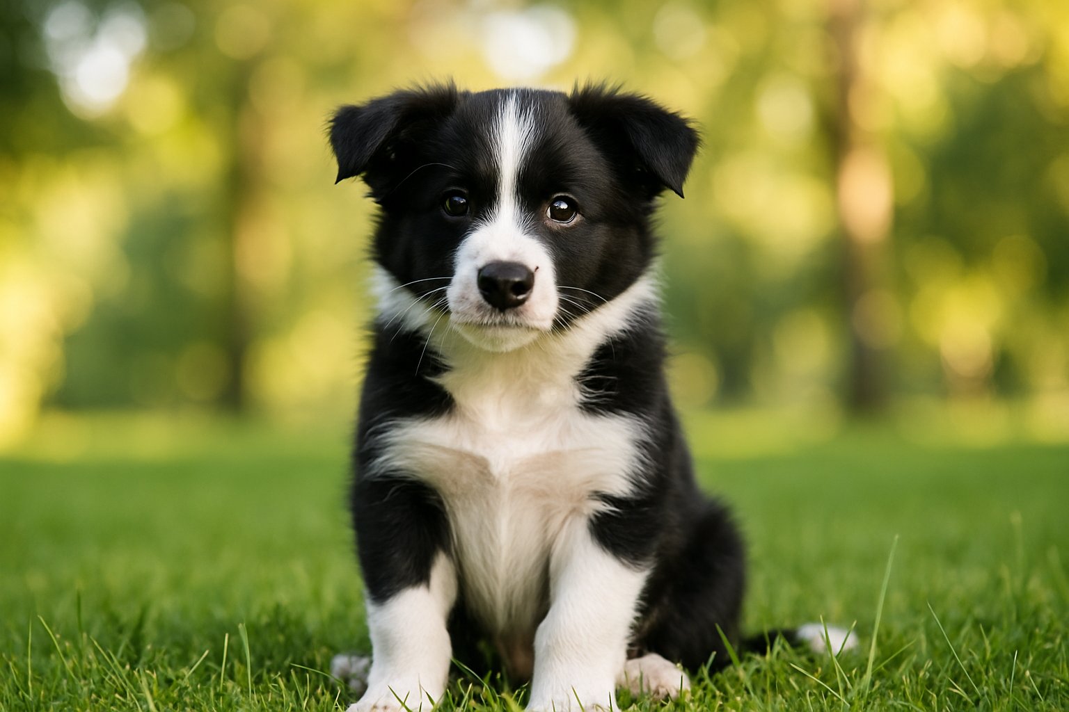 A Border Collie puppy sitting on green grass outdoors with trees in the background.