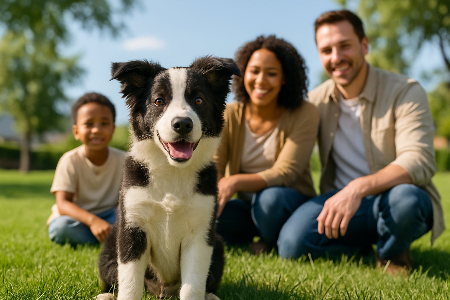 A Border Collie puppy sitting on grass with a smiling family of three in the background in a sunny park.