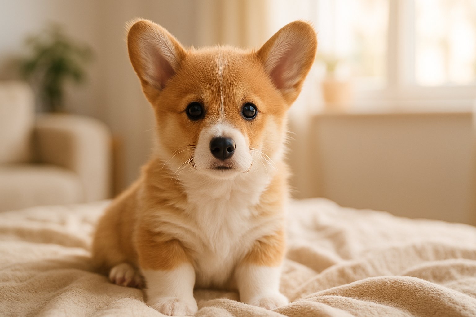 A Pembroke Welsh Corgi puppy sitting on a blanket indoors with natural light.