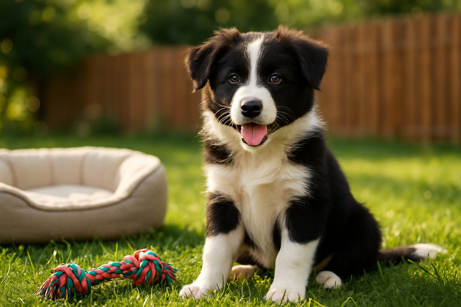 A Border Collie puppy sitting on green grass outdoors with a dog bed and chew toy nearby.