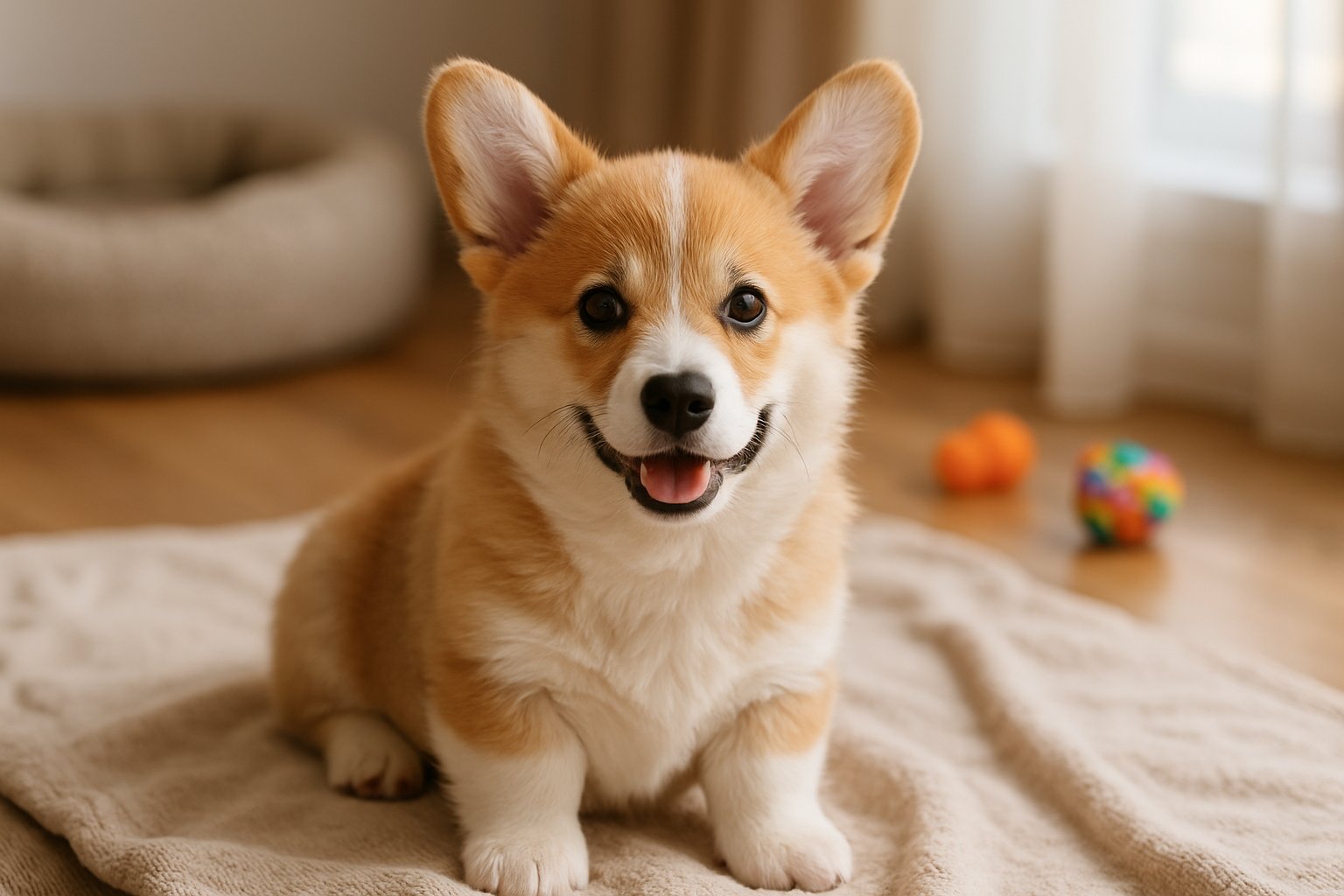 A Pembroke Welsh Corgi puppy sitting on a blanket indoors with toys and a dog bed nearby.