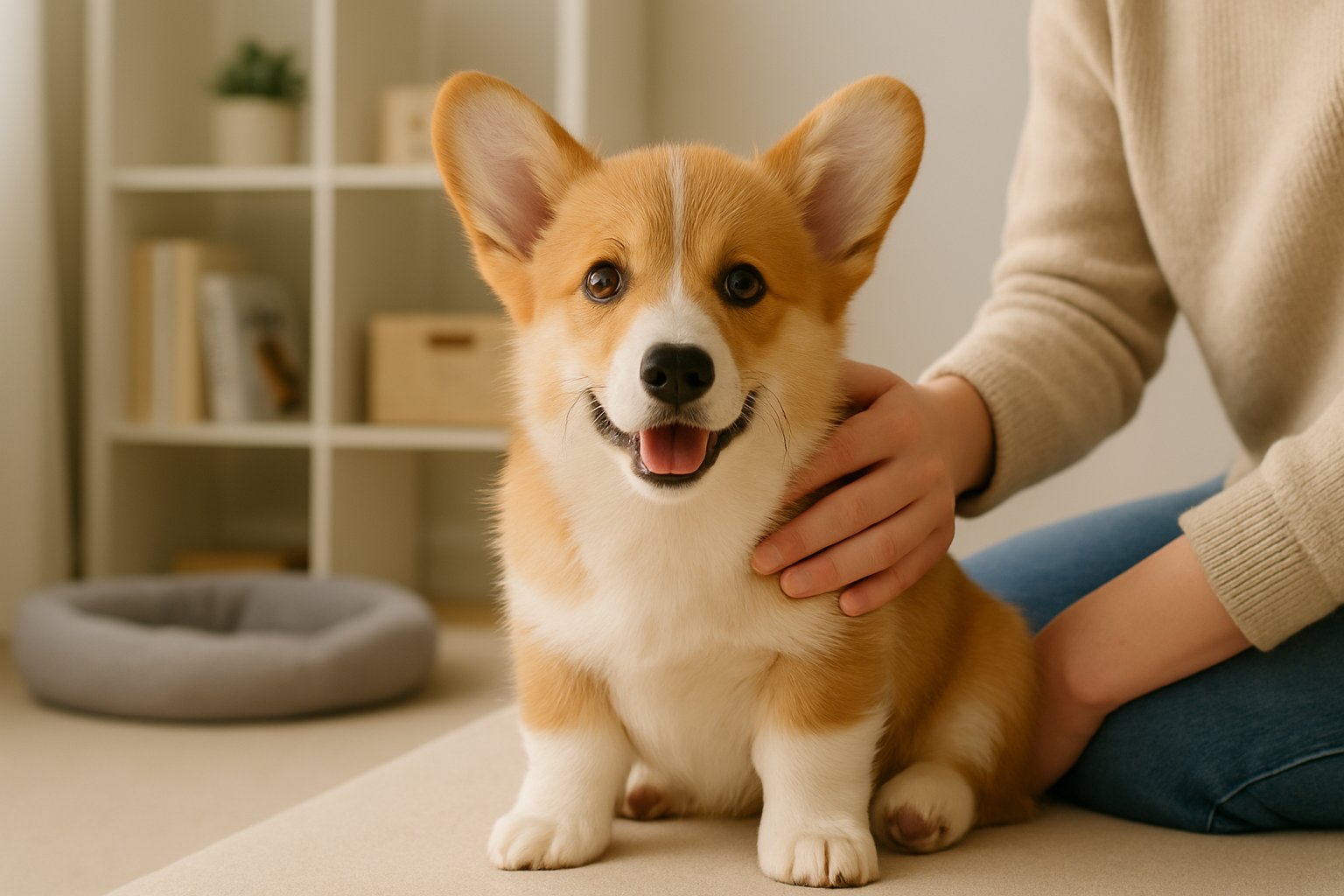 A healthy Pembroke Welsh Corgi puppy sitting on a surface with a cozy home background and a person gently interacting with it.
