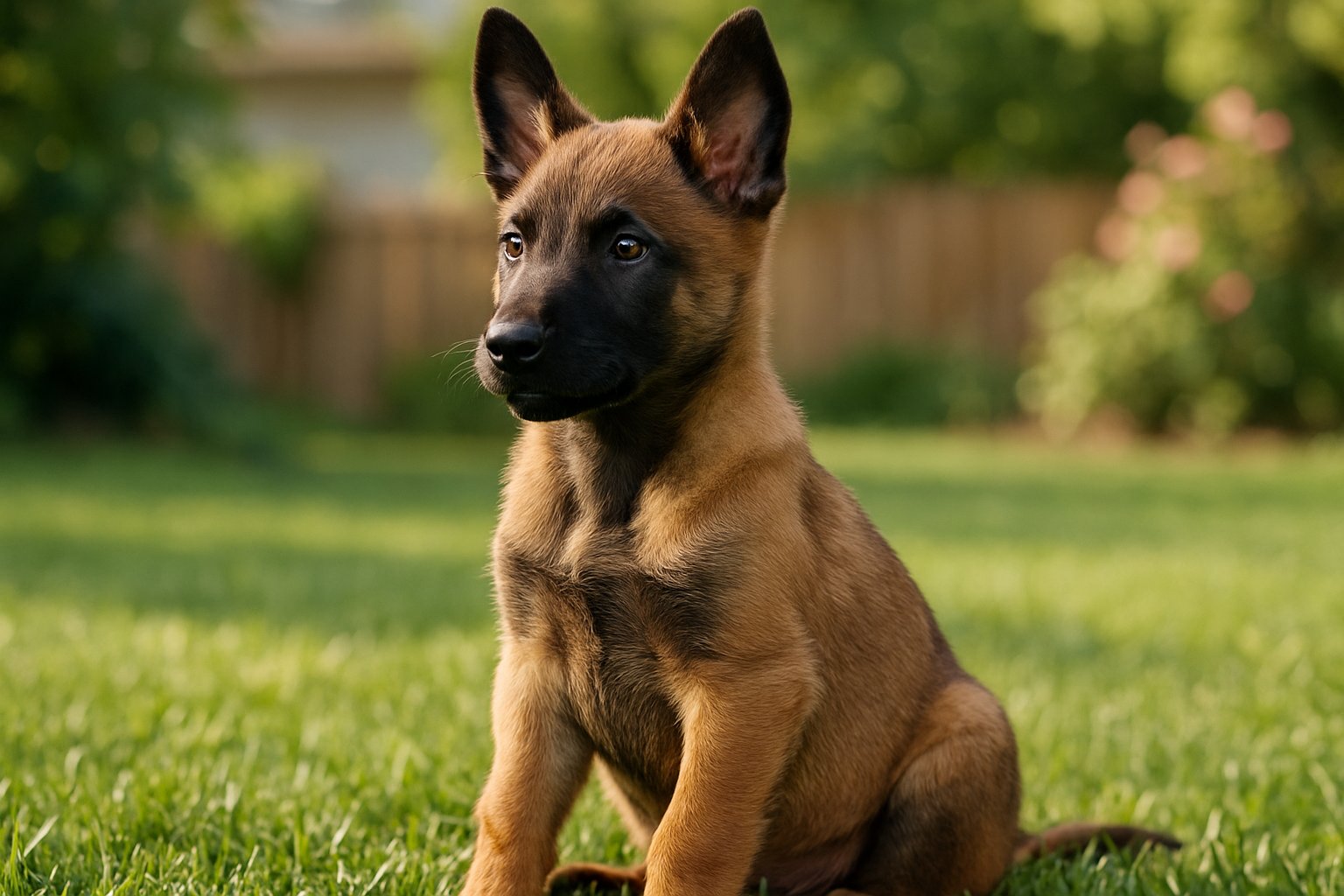 A Belgian Malinois puppy sitting on green grass in a sunny backyard.