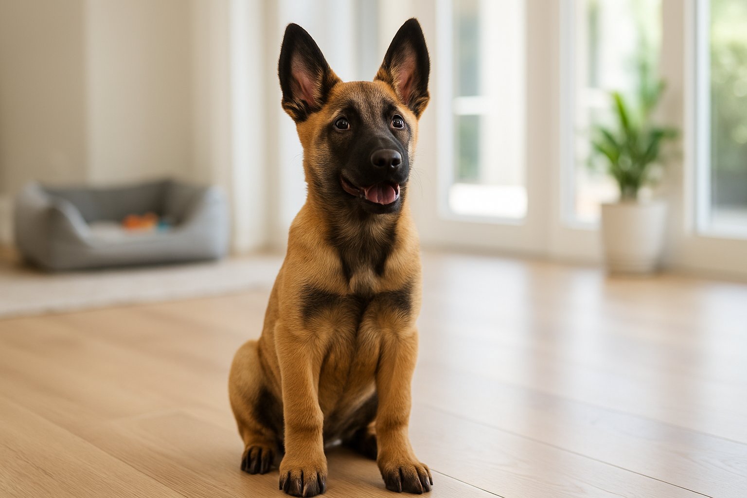 A Belgian Malinois puppy sitting attentively on a wooden floor inside a bright home.