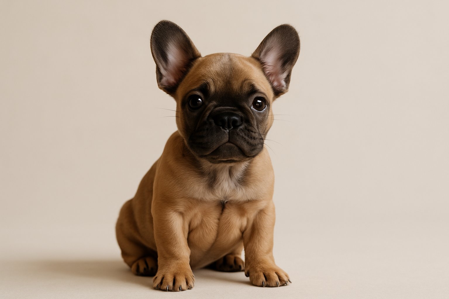 A French Bulldog puppy sitting and looking attentively against a plain background.