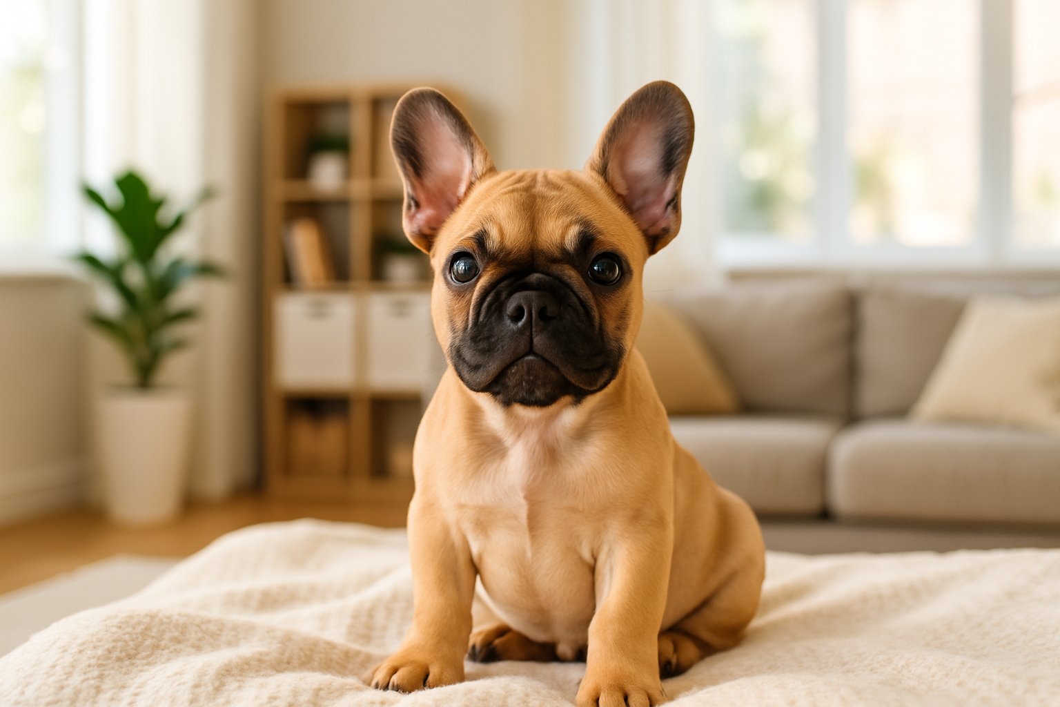 A French Bulldog puppy sitting on a blanket in a bright living room with plants and furniture in the background.