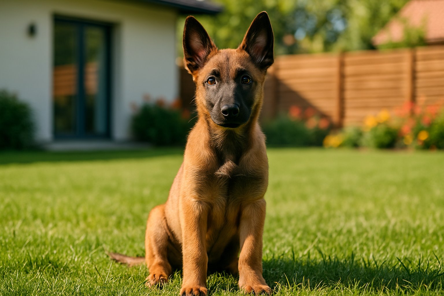 A Belgian Malinois puppy sitting on green grass in a sunny backyard with a house and flowers in the background.