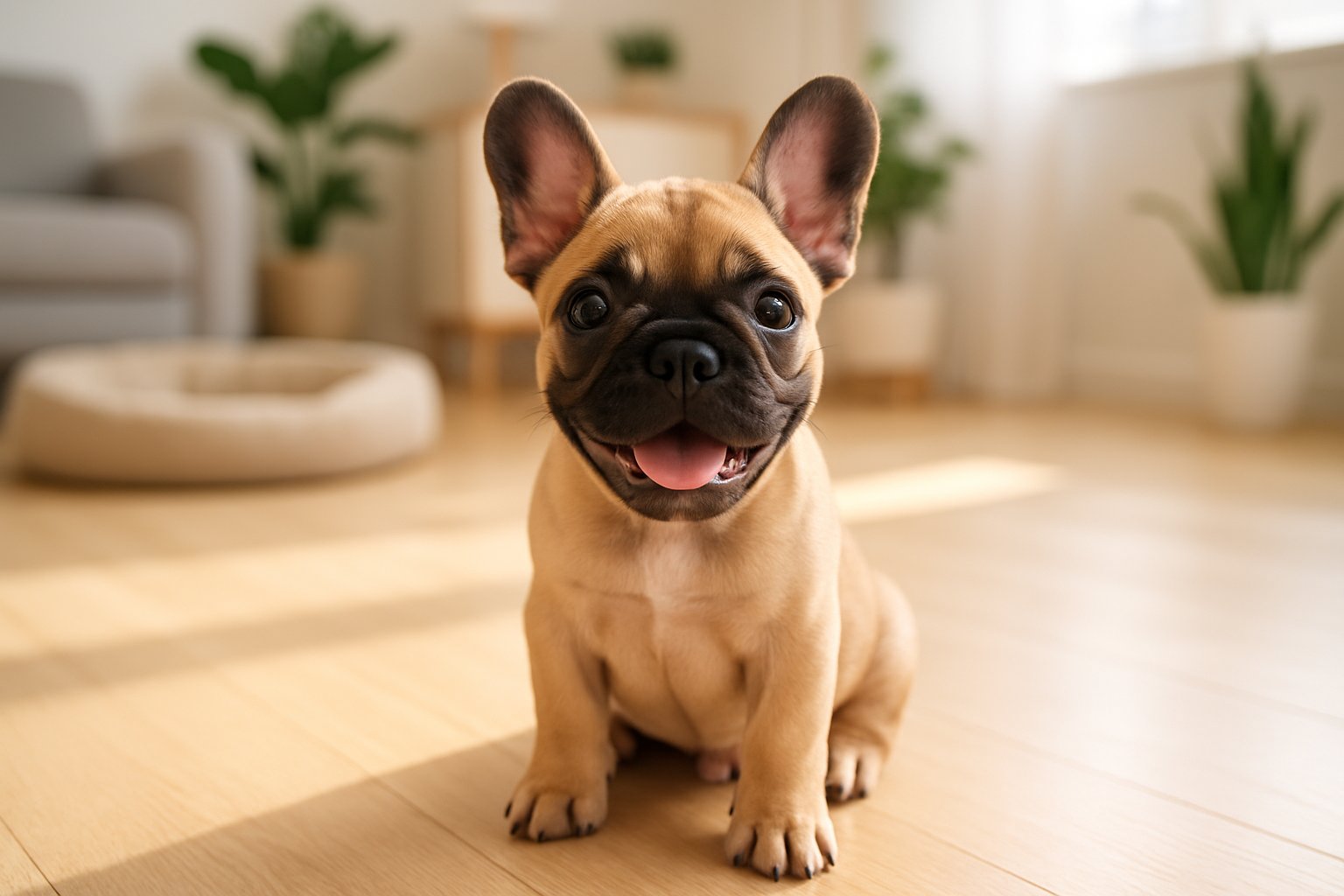 A French Bulldog puppy sitting on a wooden floor in a bright living room with a dog bed and plants in the background.