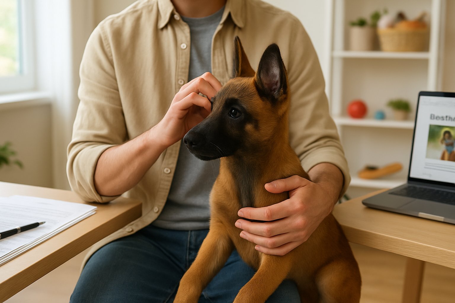 A person gently holding and petting a Belgian Malinois puppy in a clean, well-lit indoor setting with dog-related items and a laptop in the background.