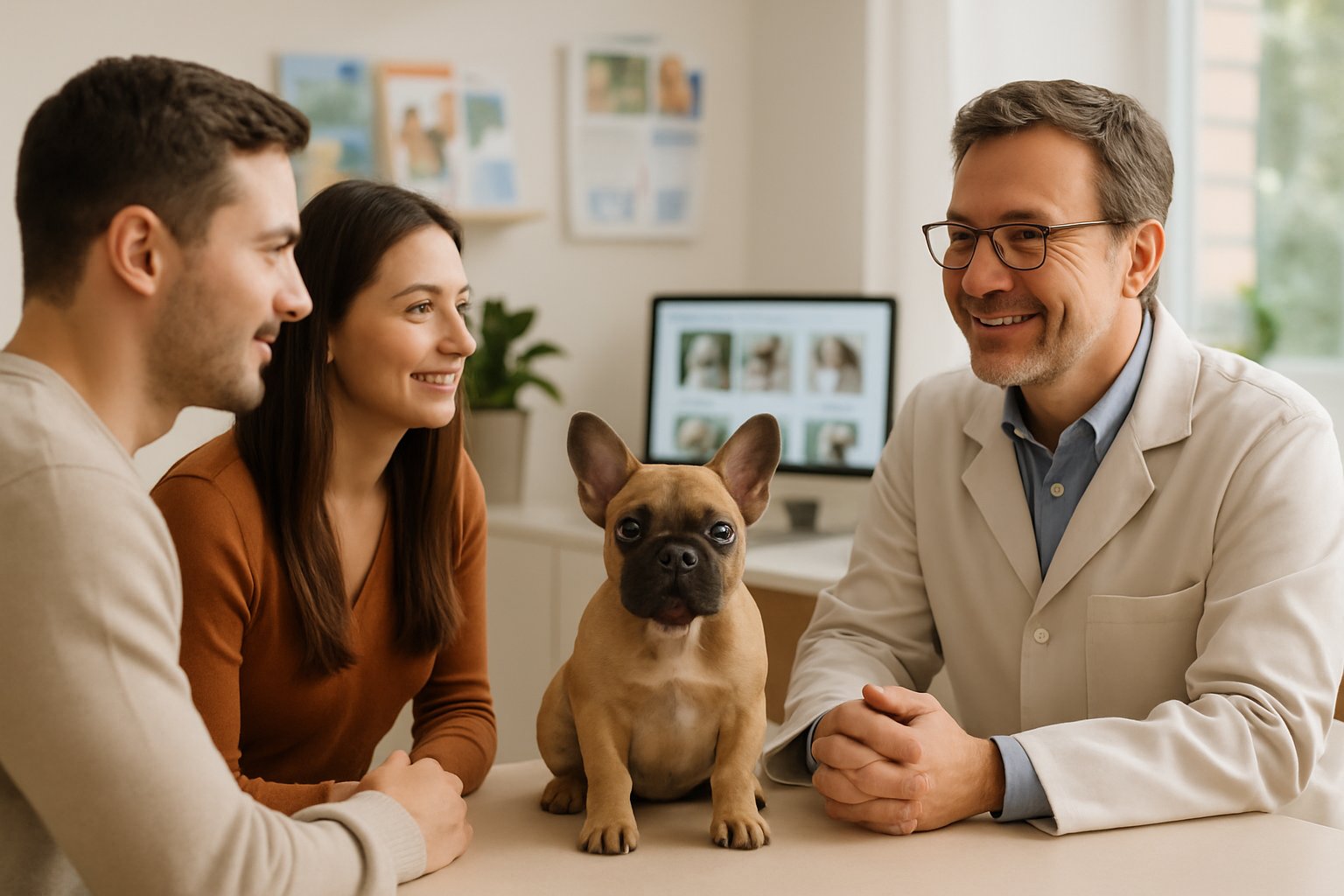 A couple consulting with a breeder while looking at a French Bulldog puppy on a table in a bright, welcoming room.