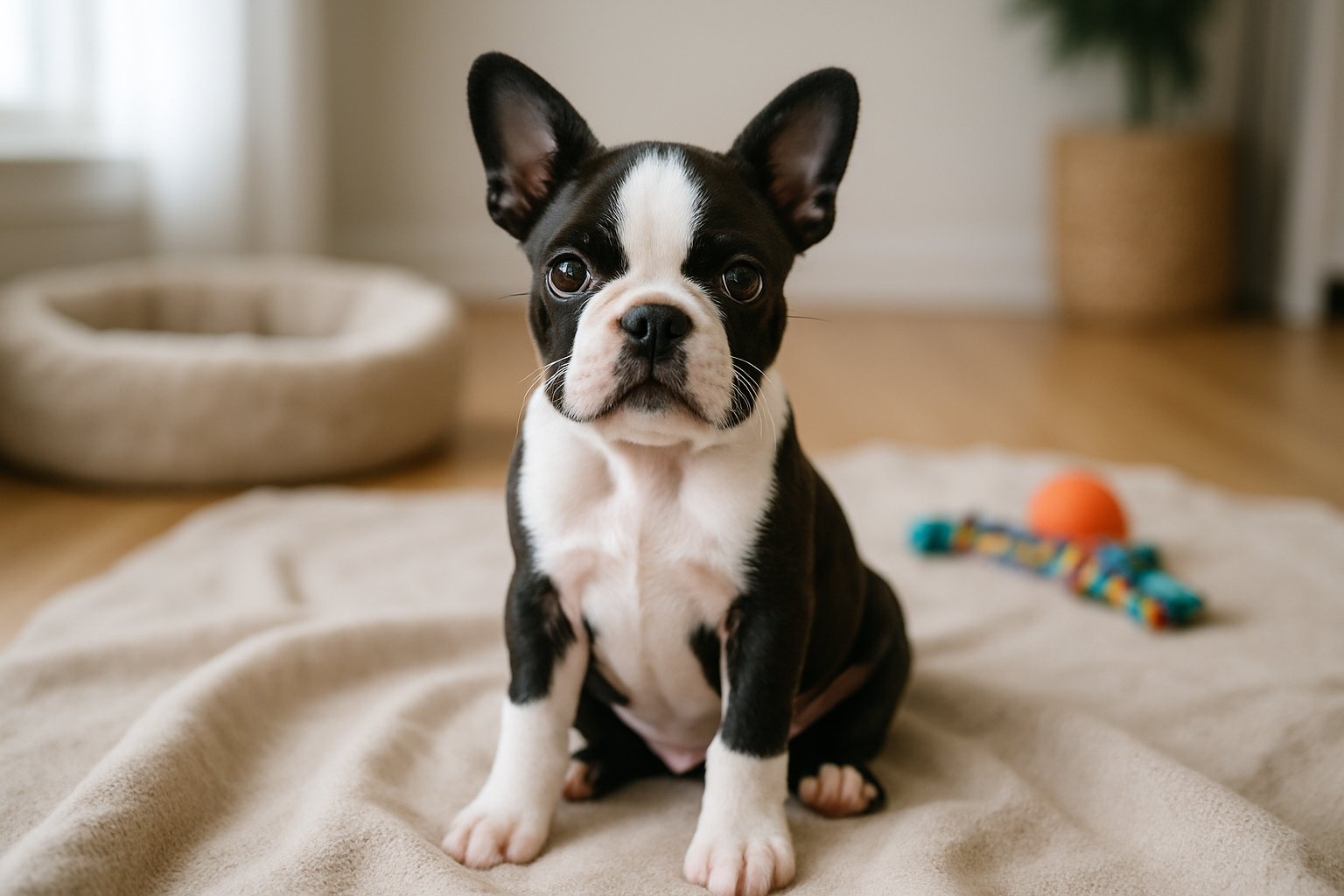 A Boston Terrier puppy sitting on a soft blanket indoors with dog toys and natural light in the background.