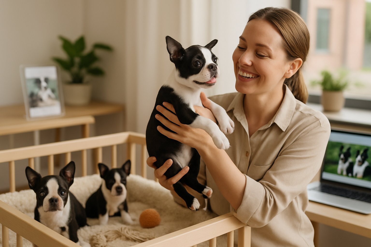 A person gently holding a Boston Terrier puppy in a clean indoor setting with several other puppies nearby and informational materials on a table in the background.