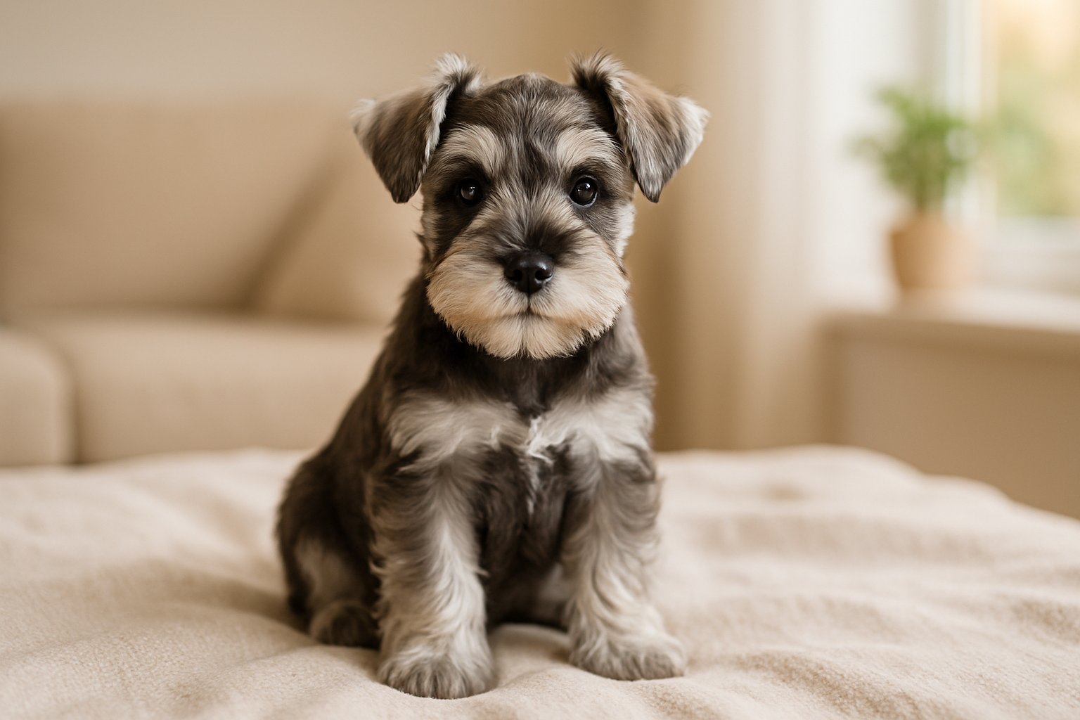 A Miniature Schnauzer puppy sitting on a blanket in a bright indoor room.