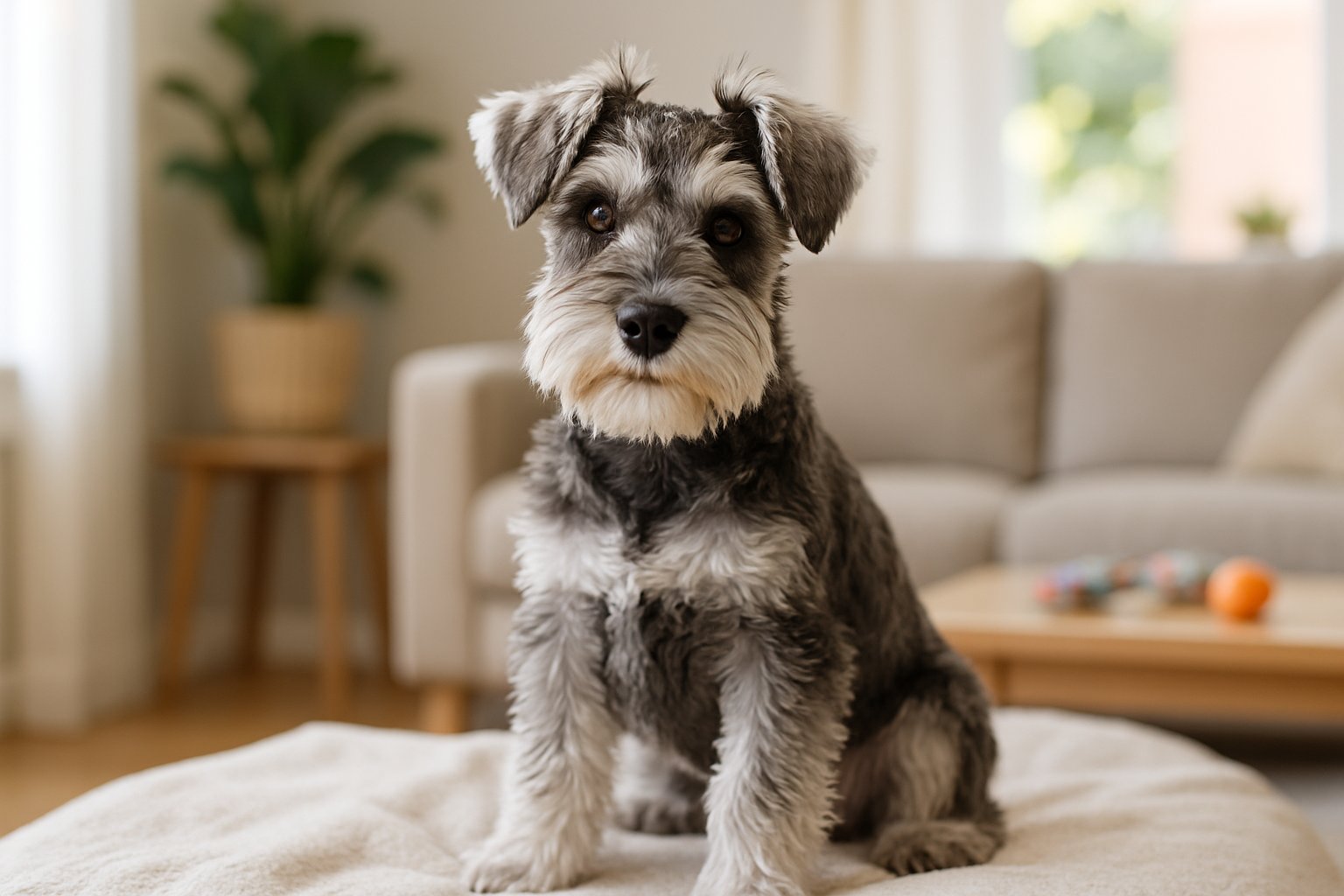 A Miniature Schnauzer puppy sitting on a blanket in a cozy living room with natural light and home decor in the background.